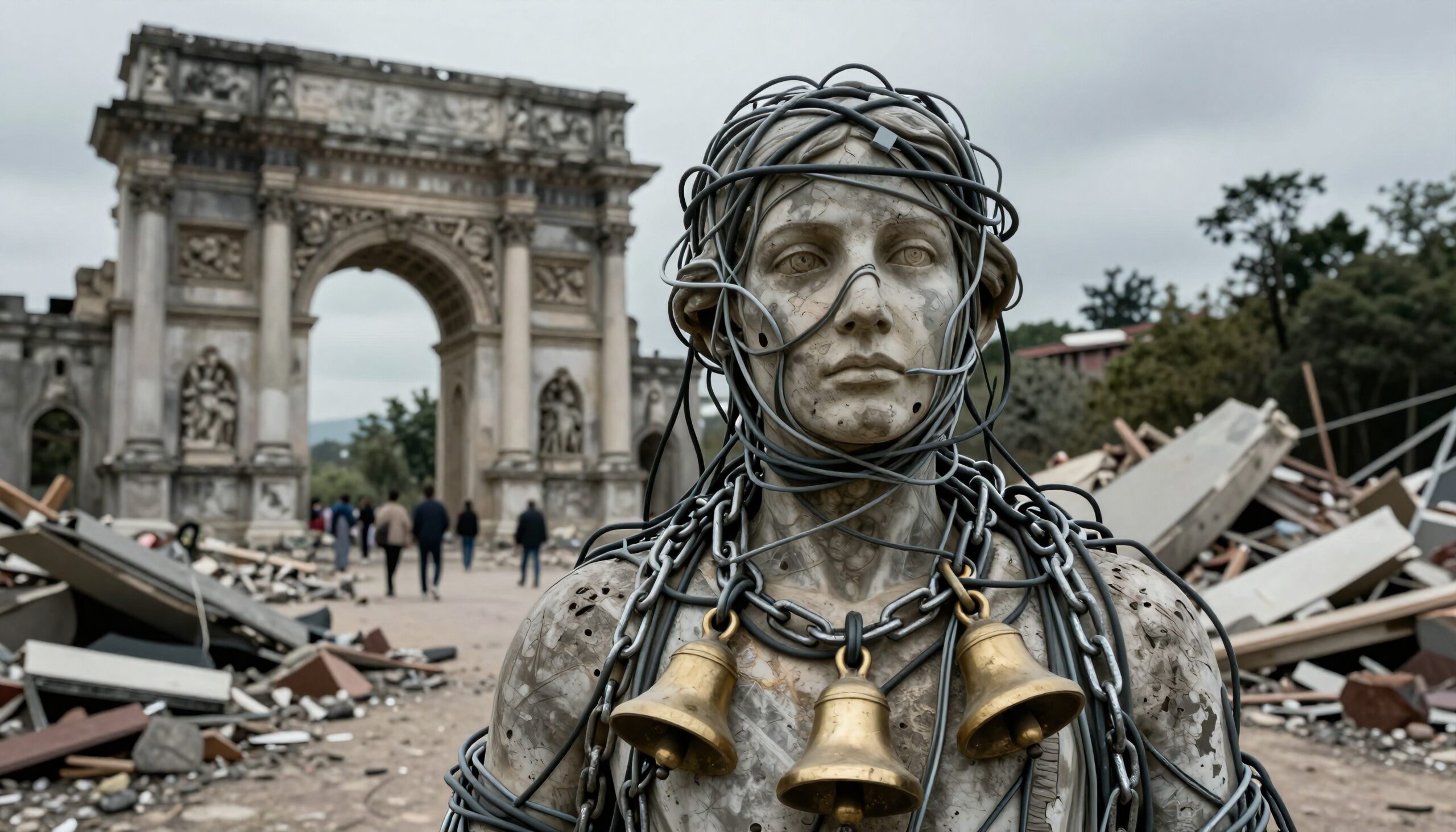 A marble statue wrapped with chains and adorned with bells stands amidst debris with an arch in the background.