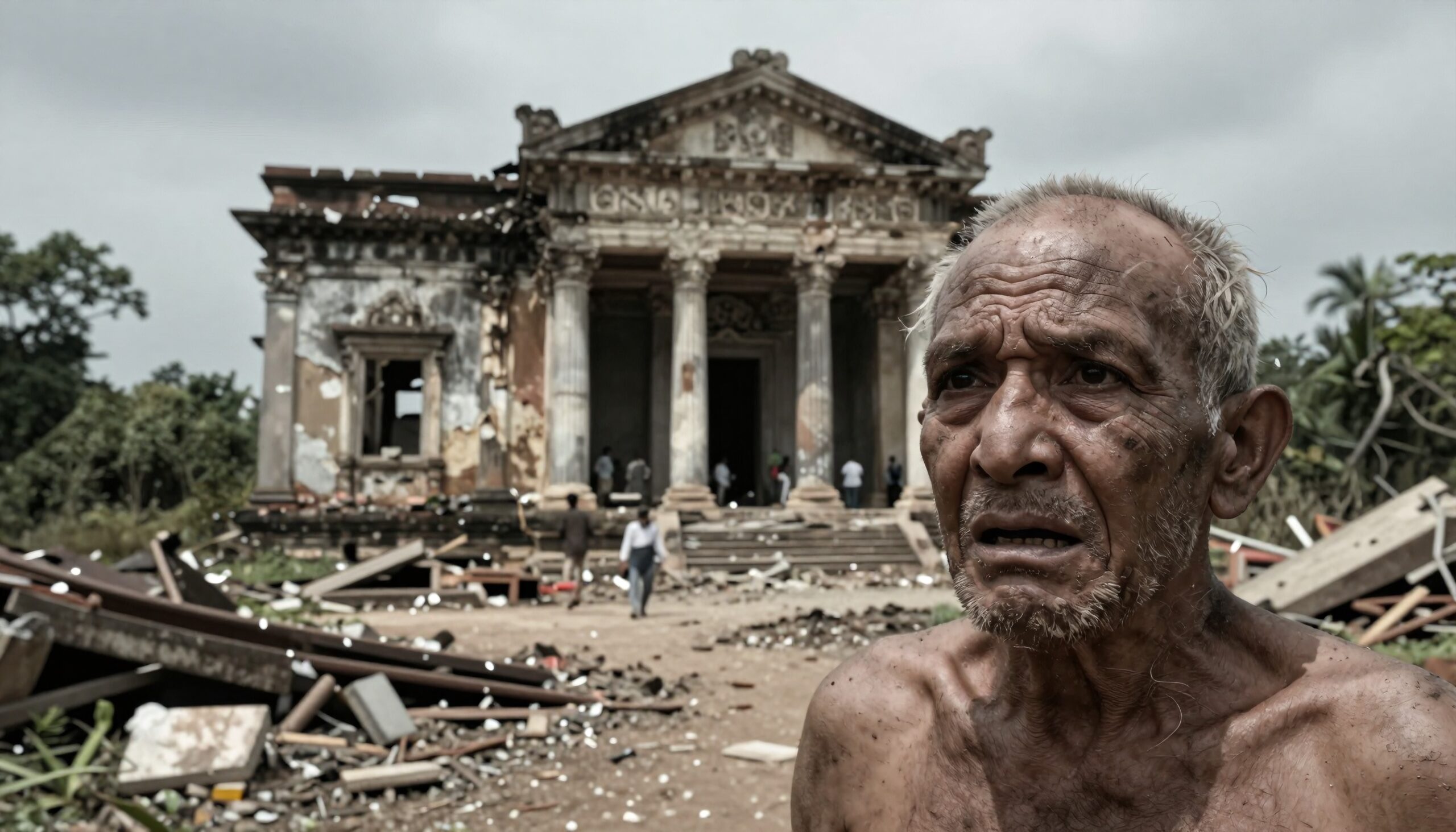A distressed elderly man stands in front of a ruined historical building with scattered debris.