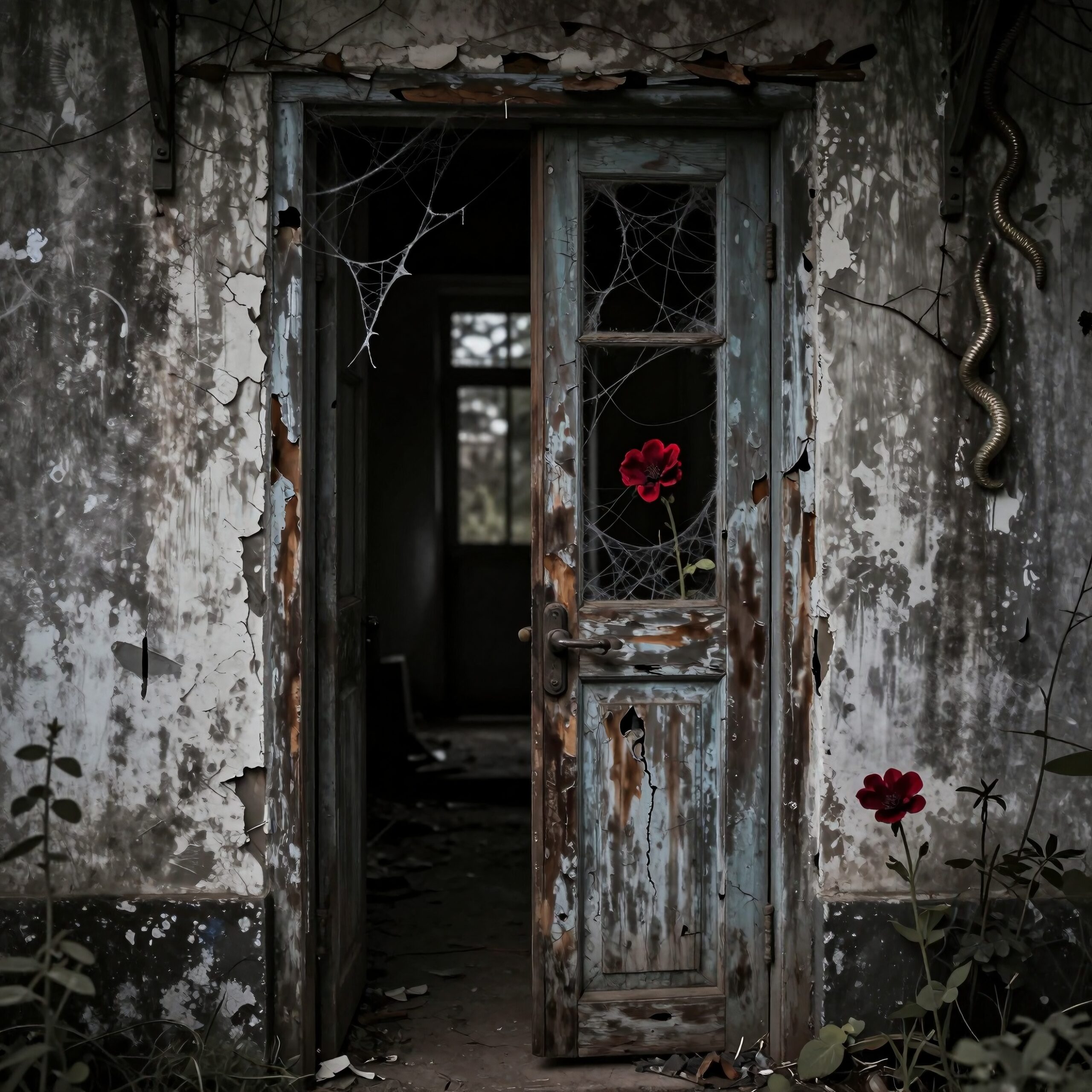 An old, peeling door adorned with spider webs and vibrant red flowers amidst decay.