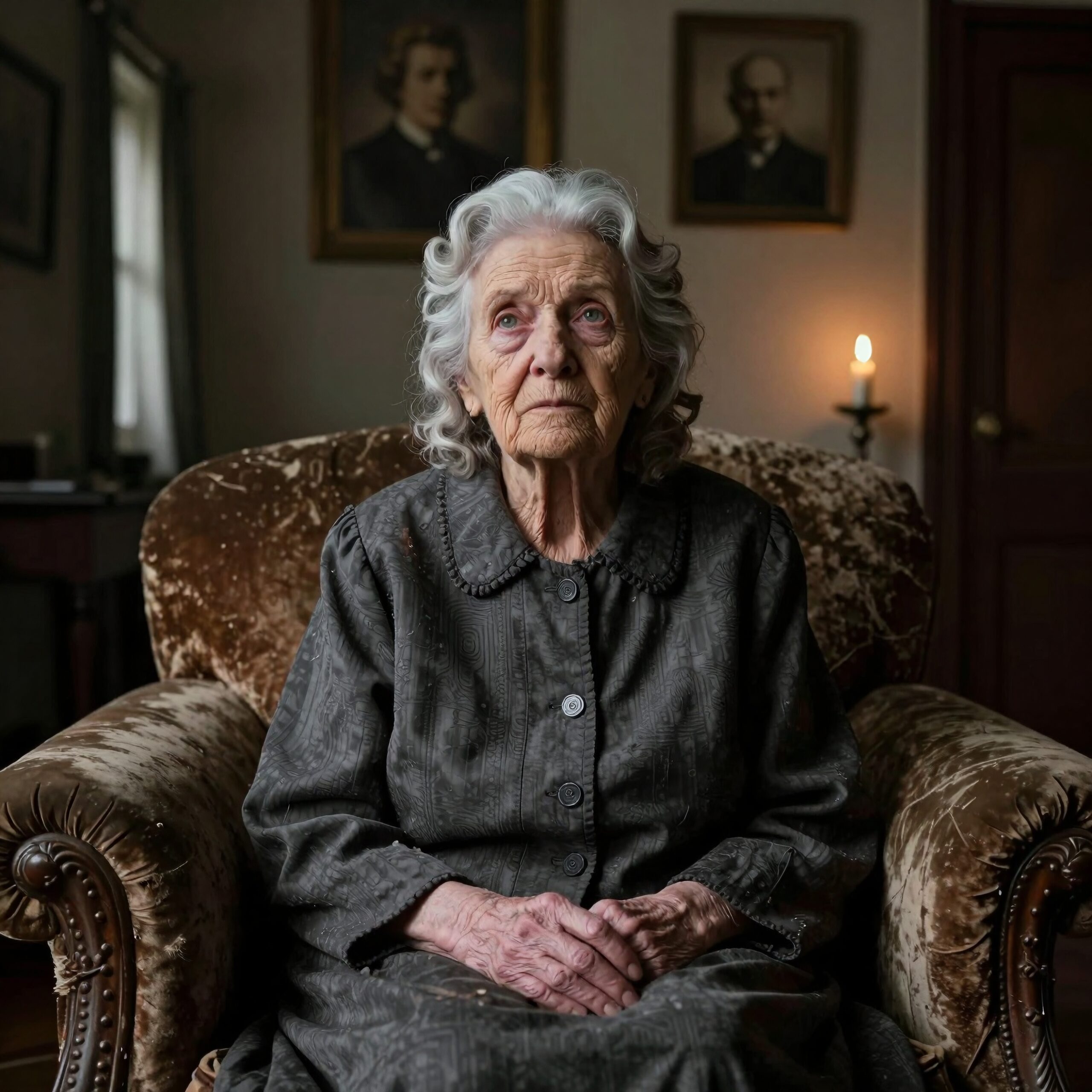Elderly woman sitting thoughtfully in an elegant vintage room with classic decorations and a subtle ambiance.