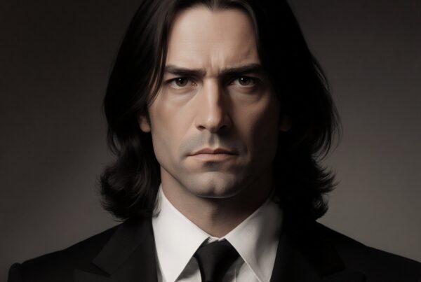 Portrait of a man in a formal suit with long hair and a serious expression.