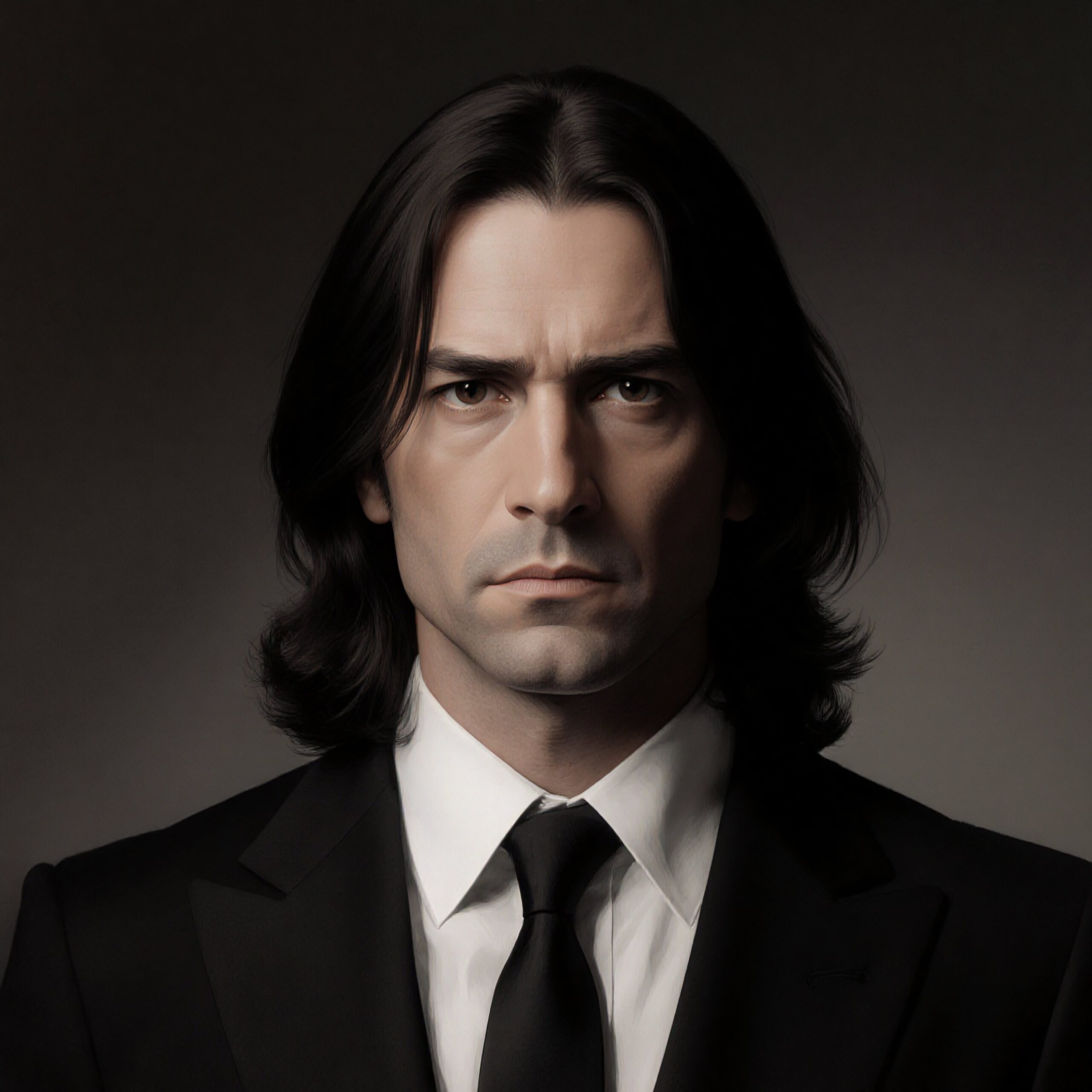 Portrait of a man in a formal suit with long hair and a serious expression.