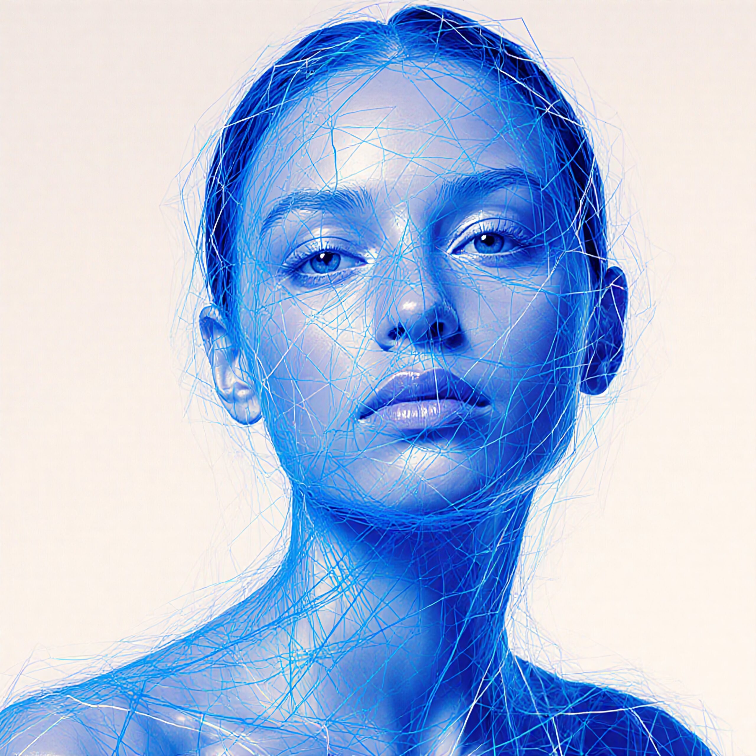 Image of a face with blue digital lines for a futuristic art concept.