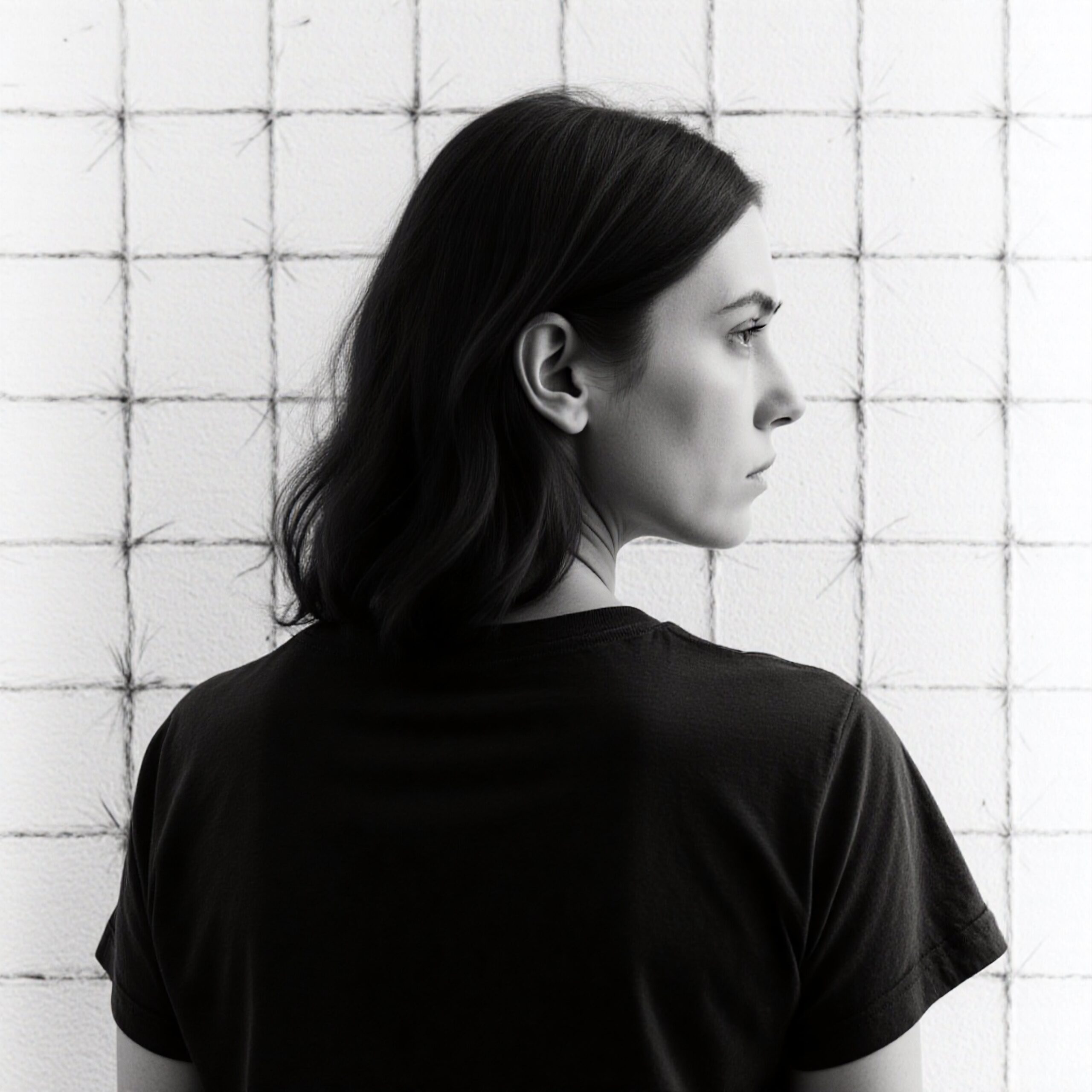 A person in side profile against a grid-patterned wall.