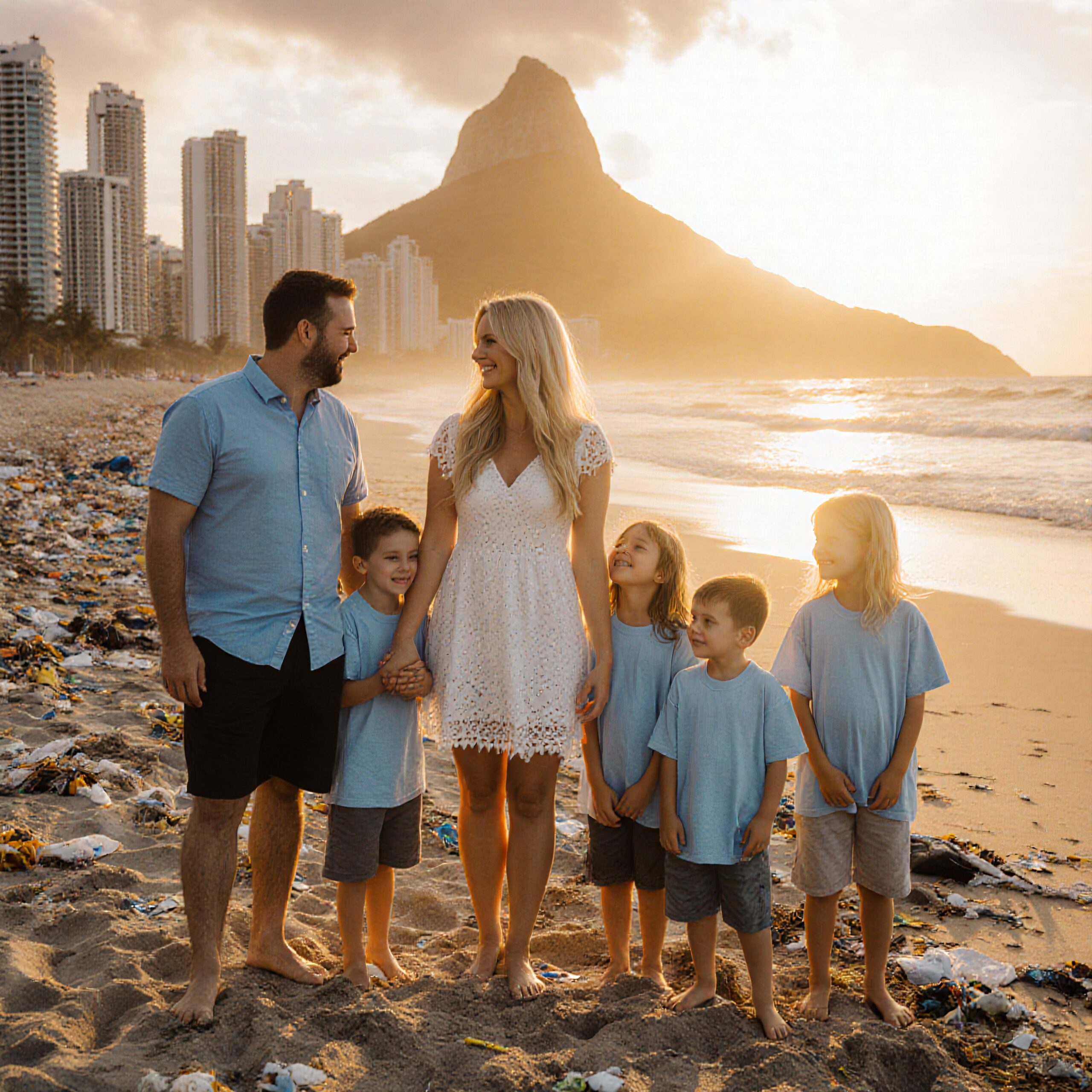 A family enjoys a beach sunset with skyscrapers and mountains in the background.