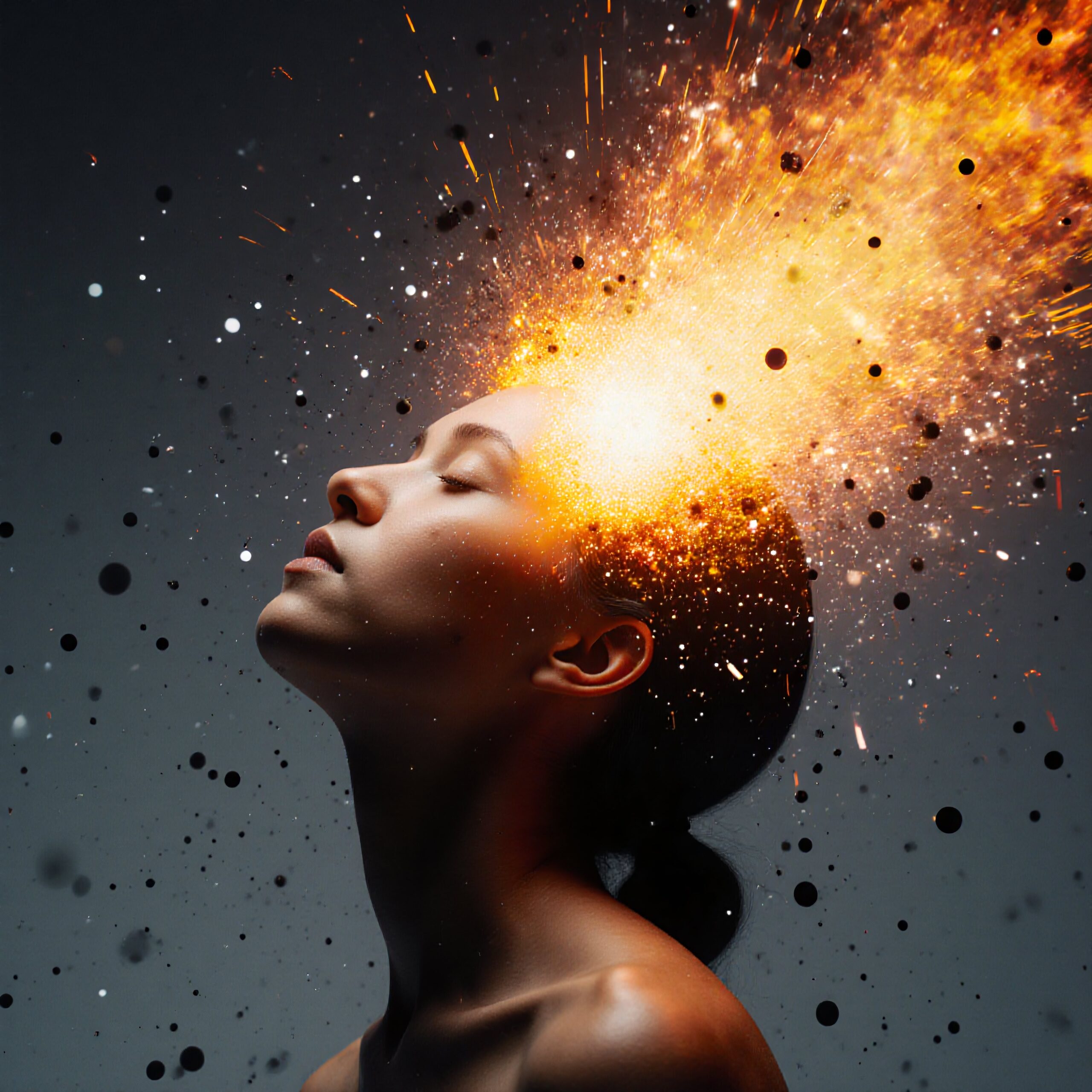 A woman with eyes closed, emitting a vibrant explosion of orange and yellow light, symbolizing creativity.