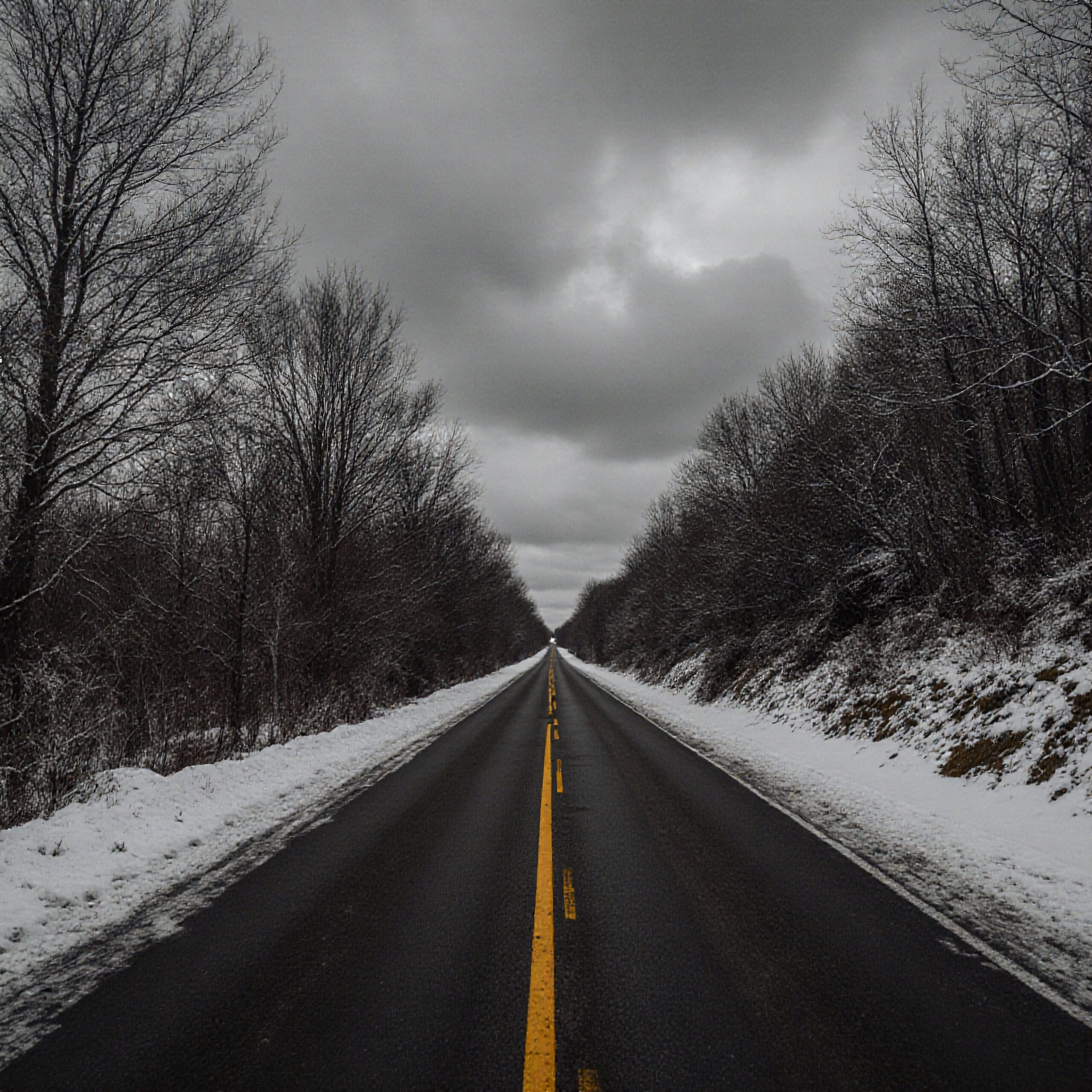 A long straight road through snow-covered trees under a gray winter sky.