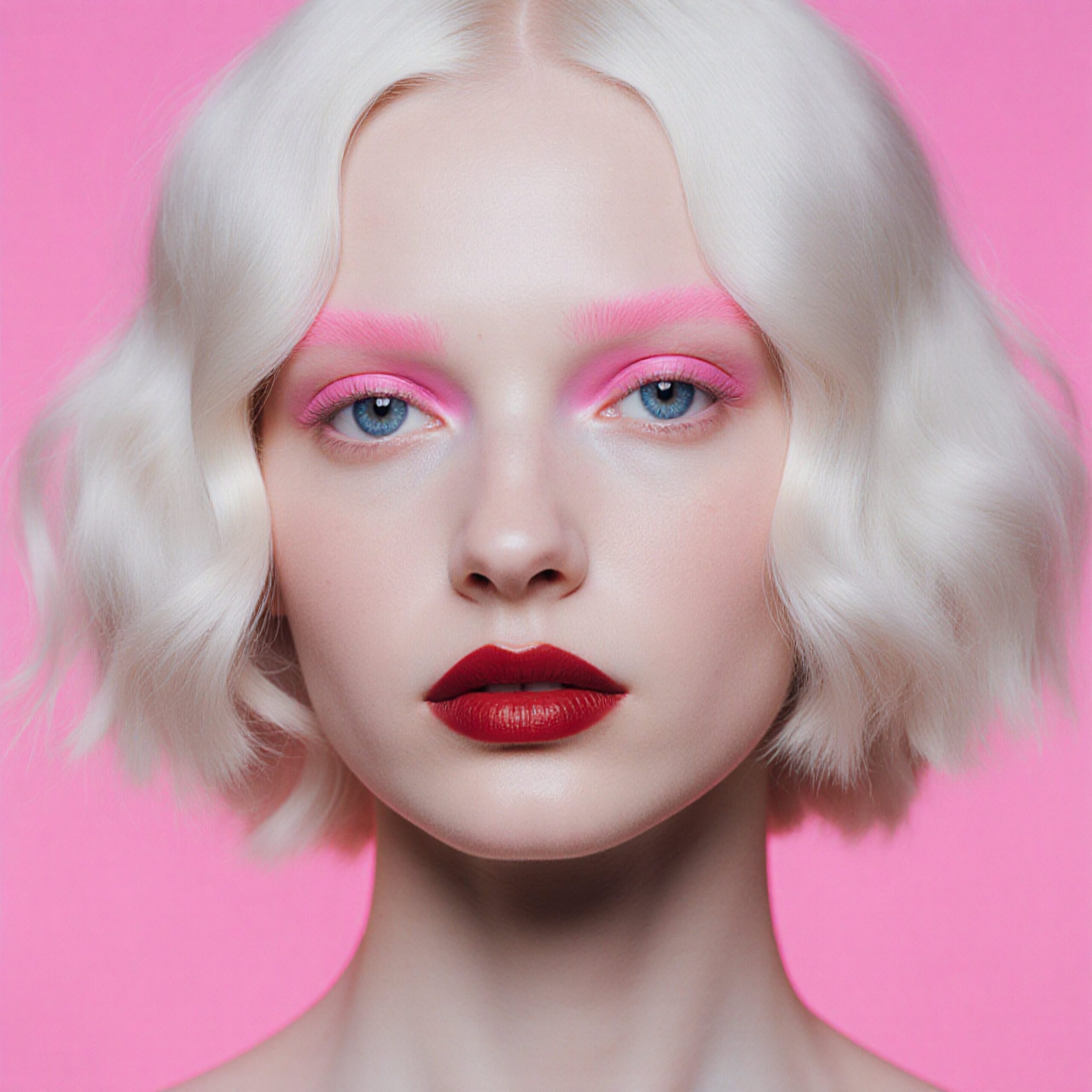 Close-up portrait of a person with platinum blonde hair and vibrant pink and red makeup against a pink background.