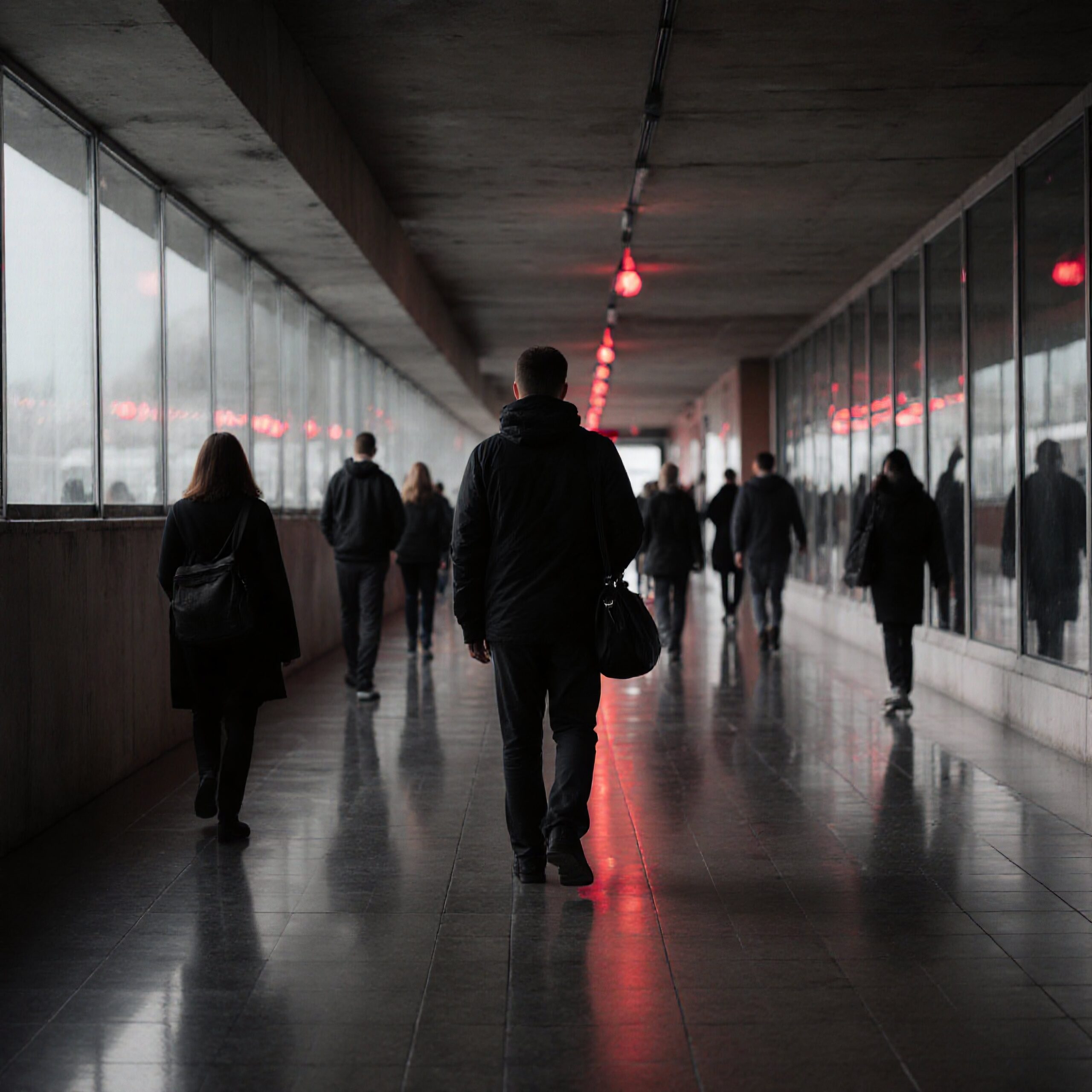 People walk through a dimly lit corridor with red lights reflecting on the glossy tiled floor, creating a warm atmosphere.