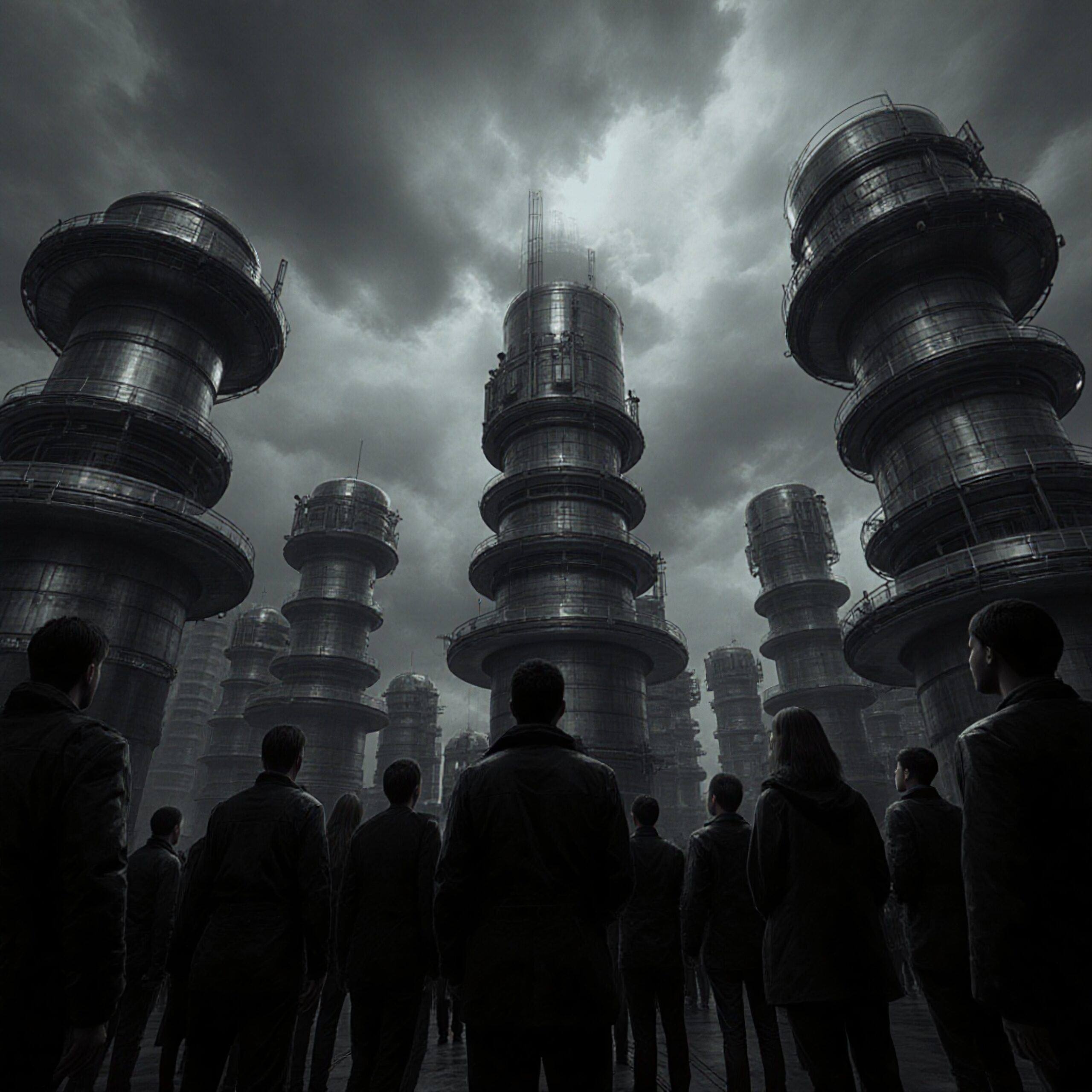 Dystopian cityscape with towering industrial structures under a cloudy sky.