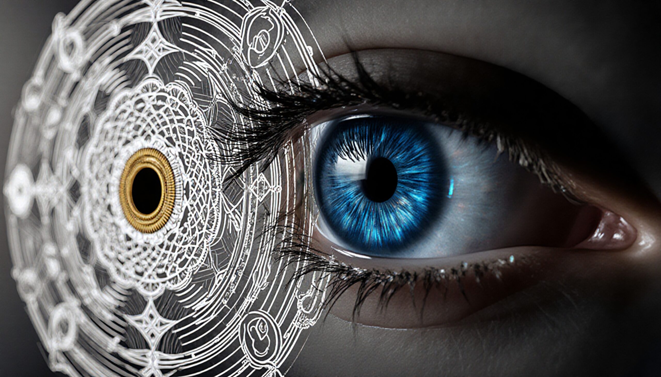Close-up of blue eye with intricate white geometric patterns.