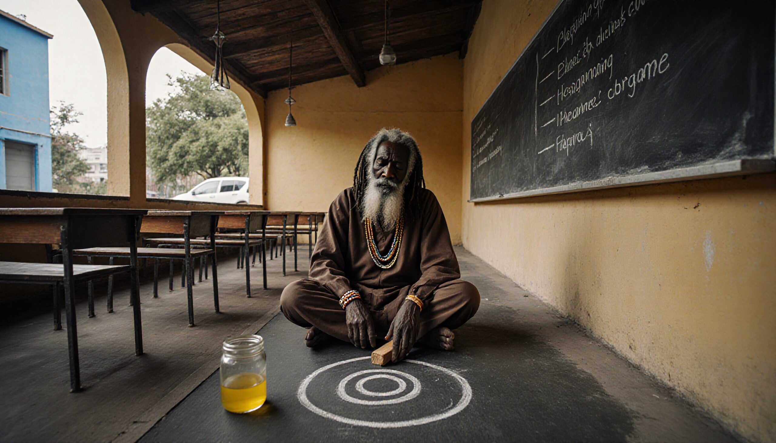 A man meditates in a rustic classroom with chalk drawing and jar.