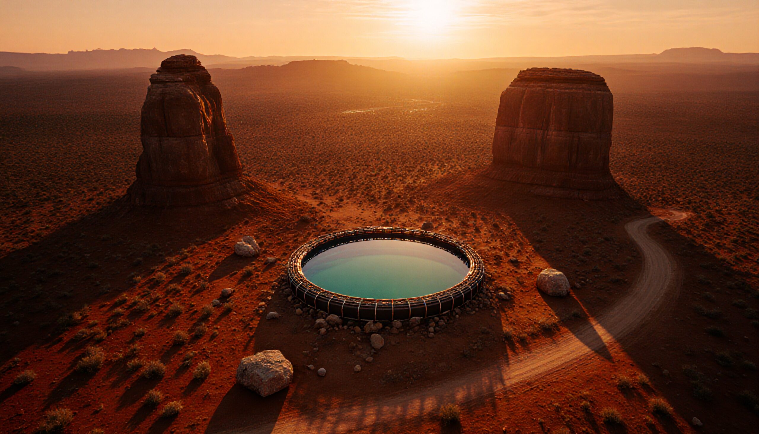 Circular body of water surrounded by desert landscape with rock formations at sunset.