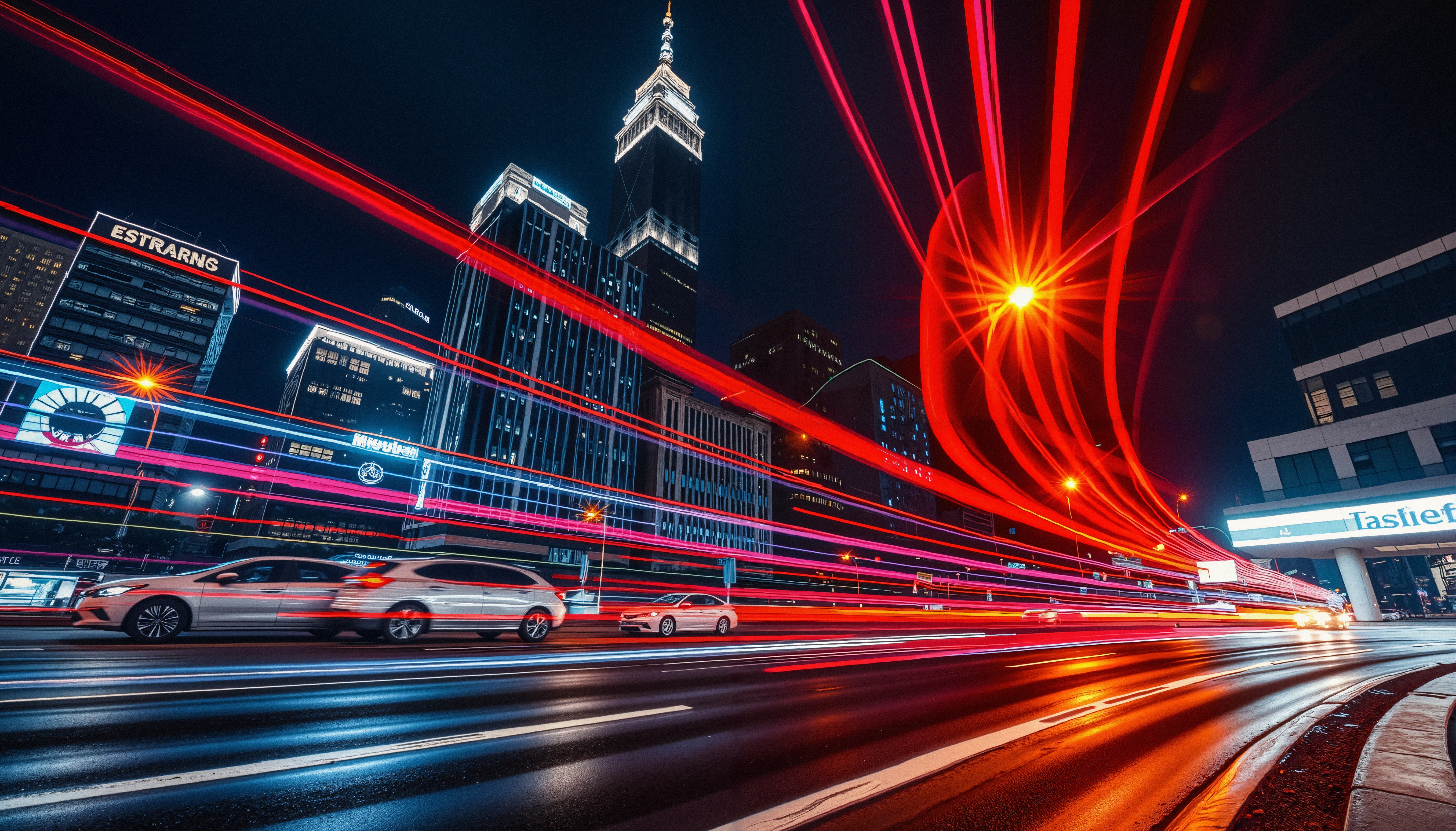 Vibrant cityscape with dynamic light trails reflecting on a wet night road, showcasing towering skyscrapers and bustling urban life.