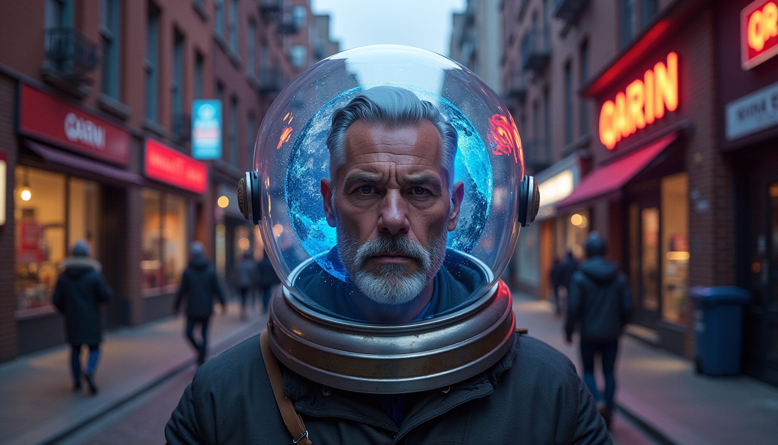 An older man wearing a futuristic helmet stands on an illuminated city street with neon lights.
