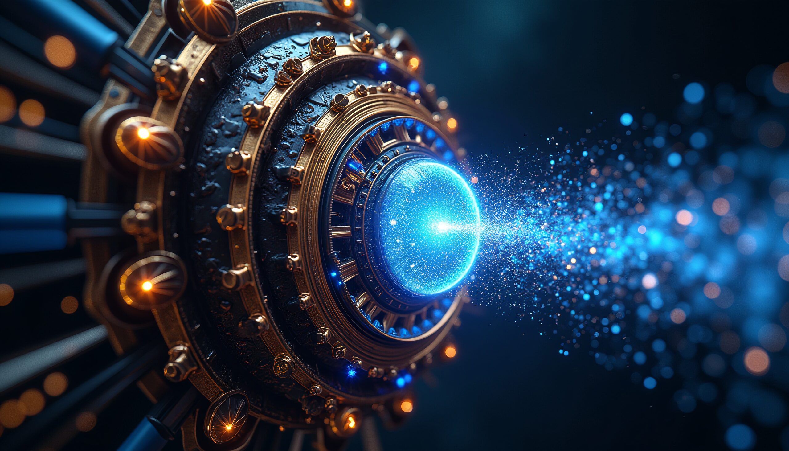 Futuristic metallic structure with glowing blue orb and dynamic particles.
