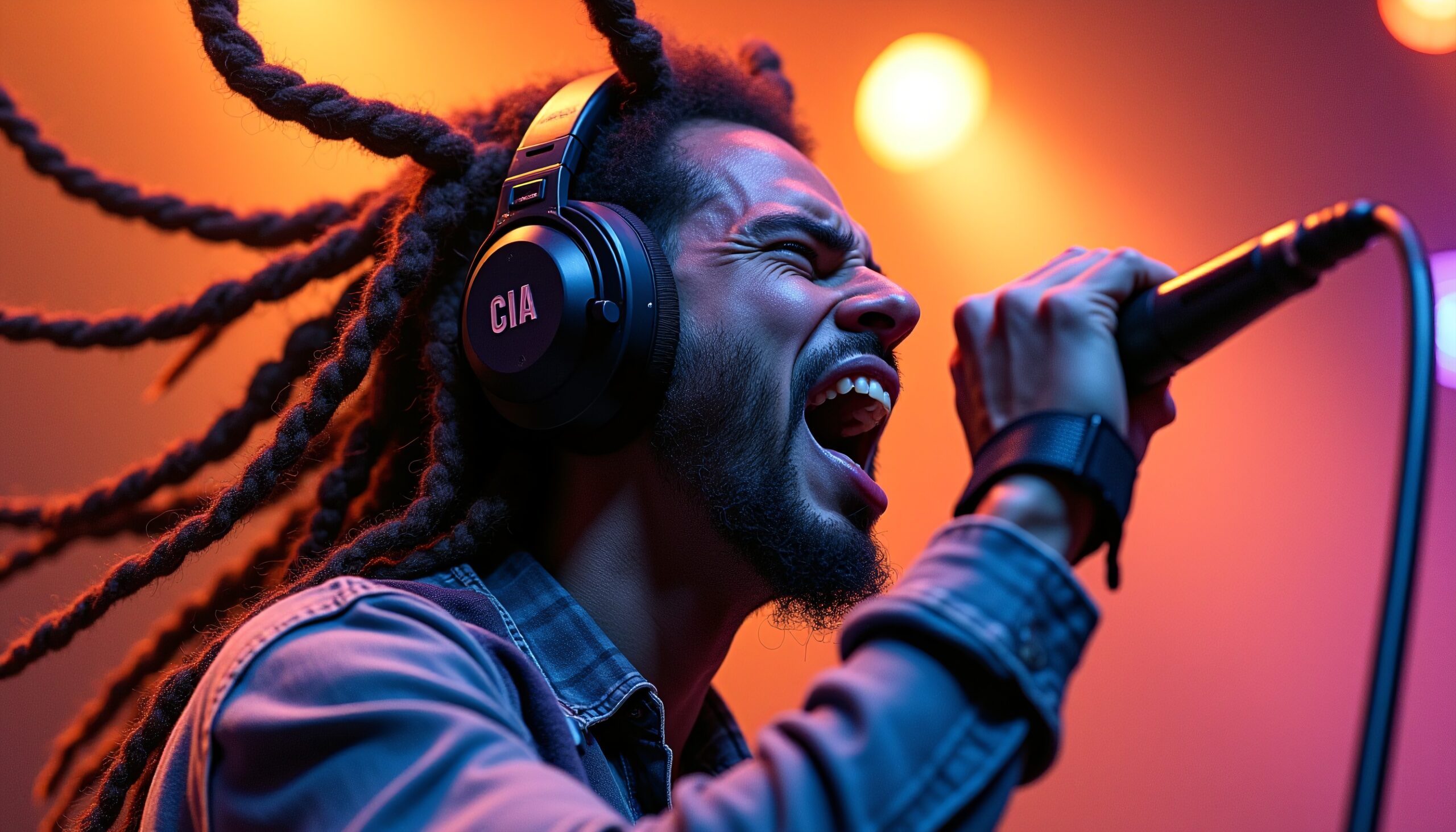 Singer passionately performing on stage, vivid colors.
