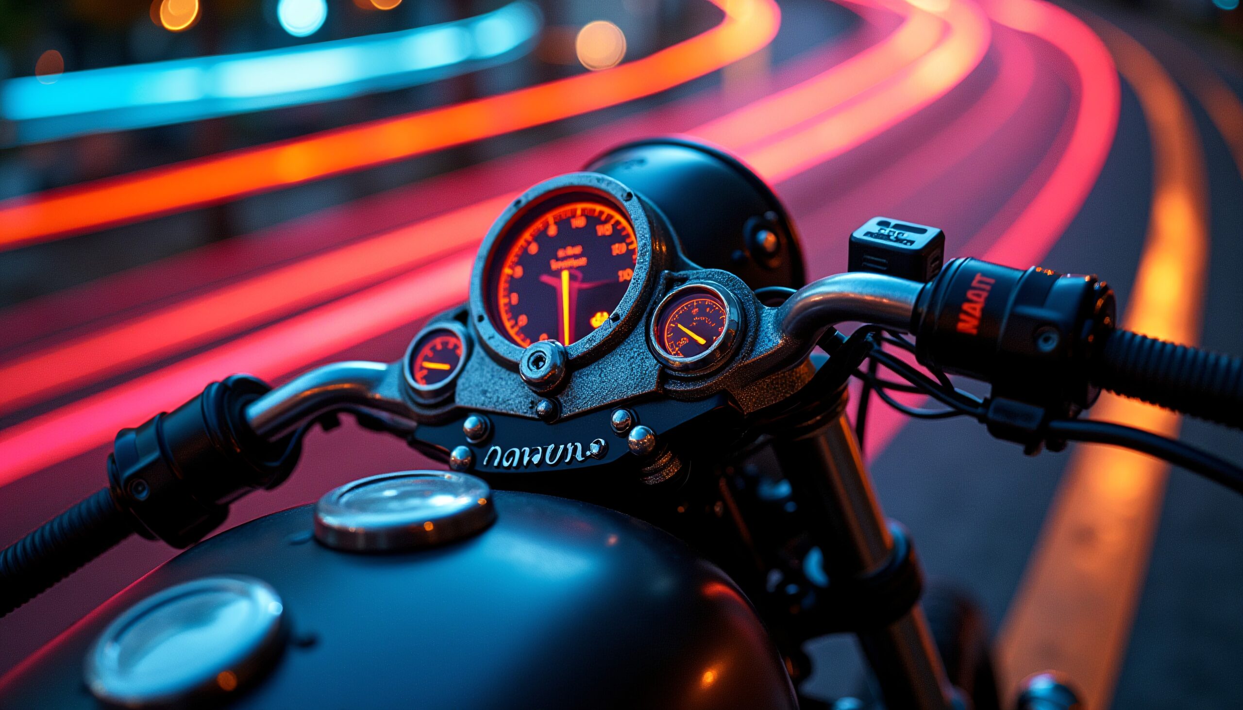 Vibrant motorcycle dashboard with glowing gauges.