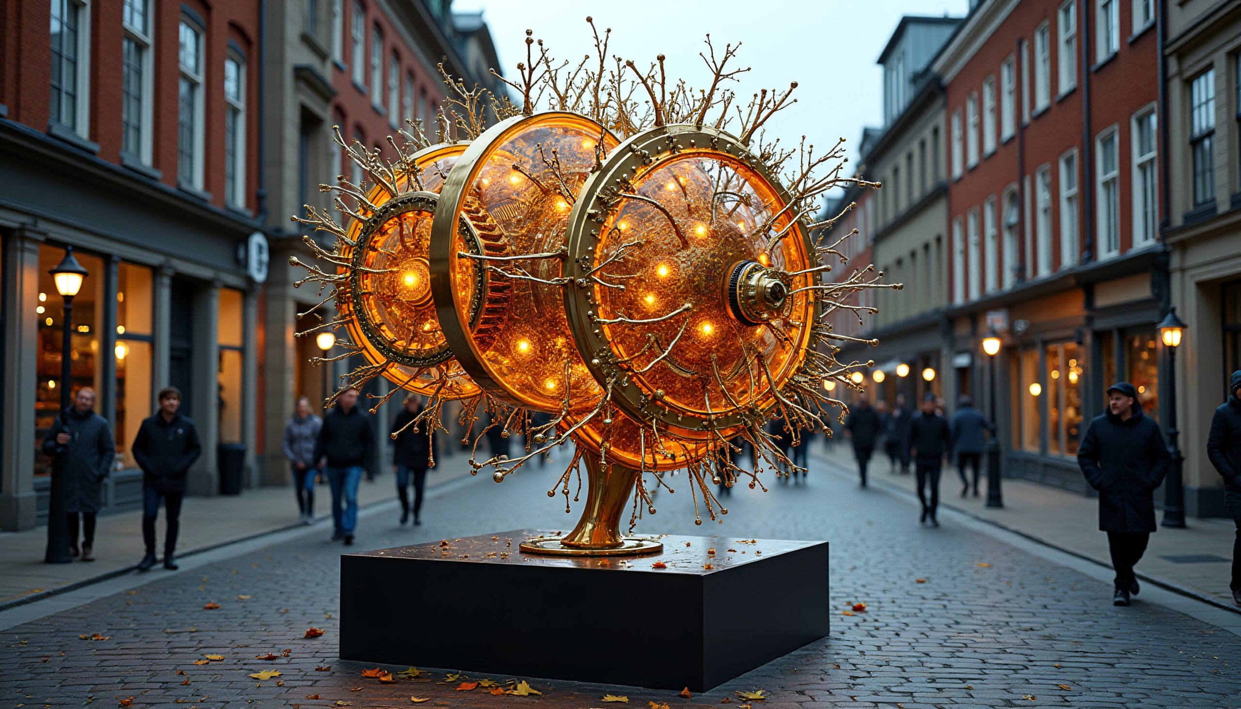 A large golden sculpture with glowing lights and branch-like extensions displayed on a cobblestone street amidst classic architecture.