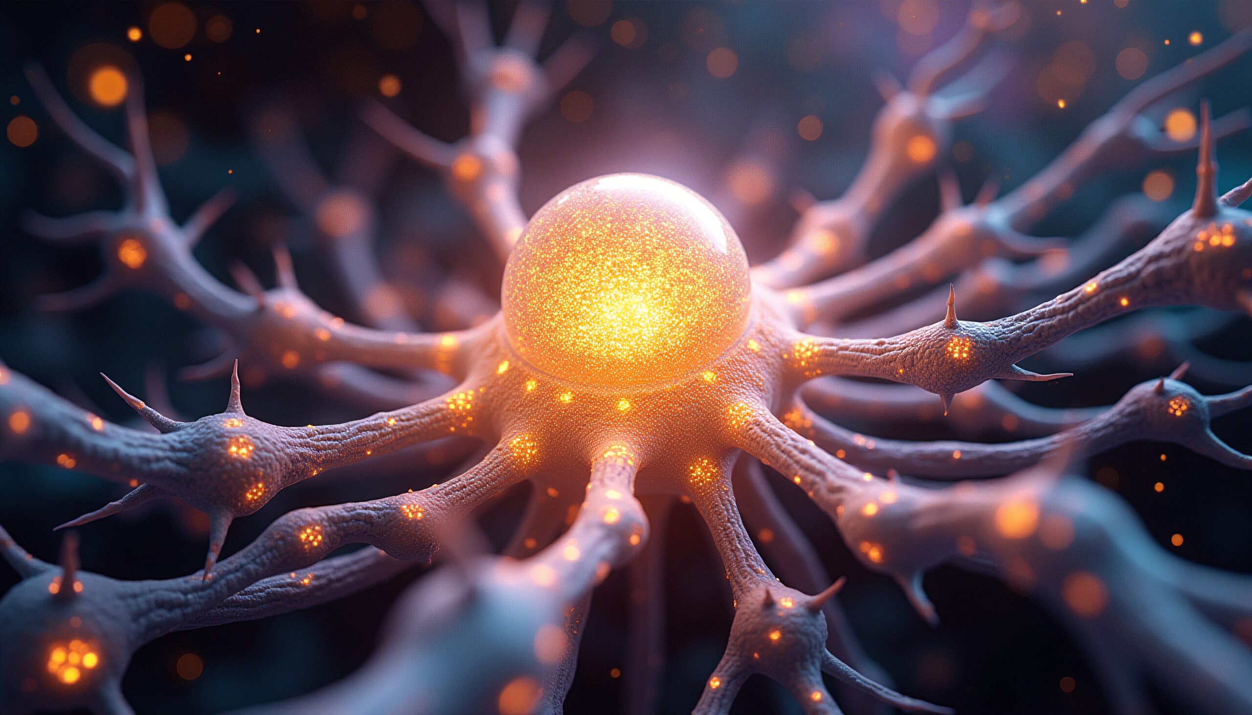 A cluster of glowing neurons with branching connections.
