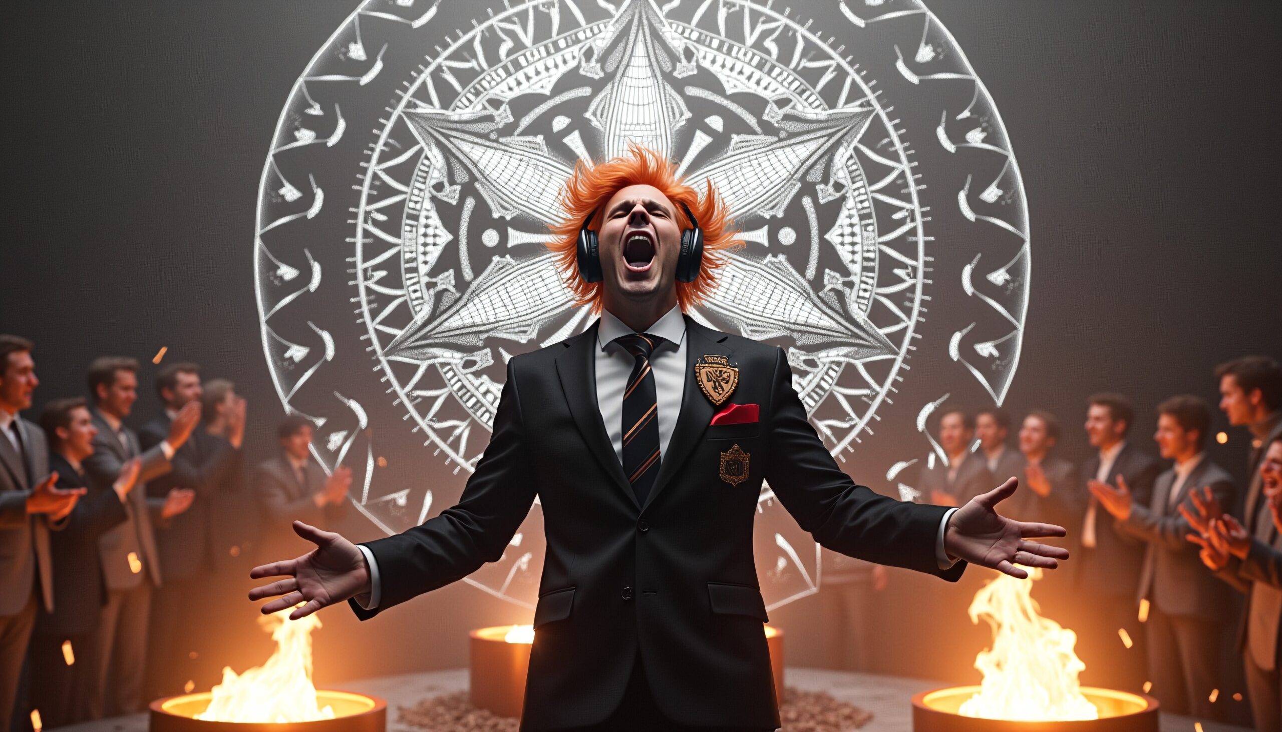 A man with orange hair in a suit sings passionately in front of a patterned backdrop, surrounded by clapping men and flames.