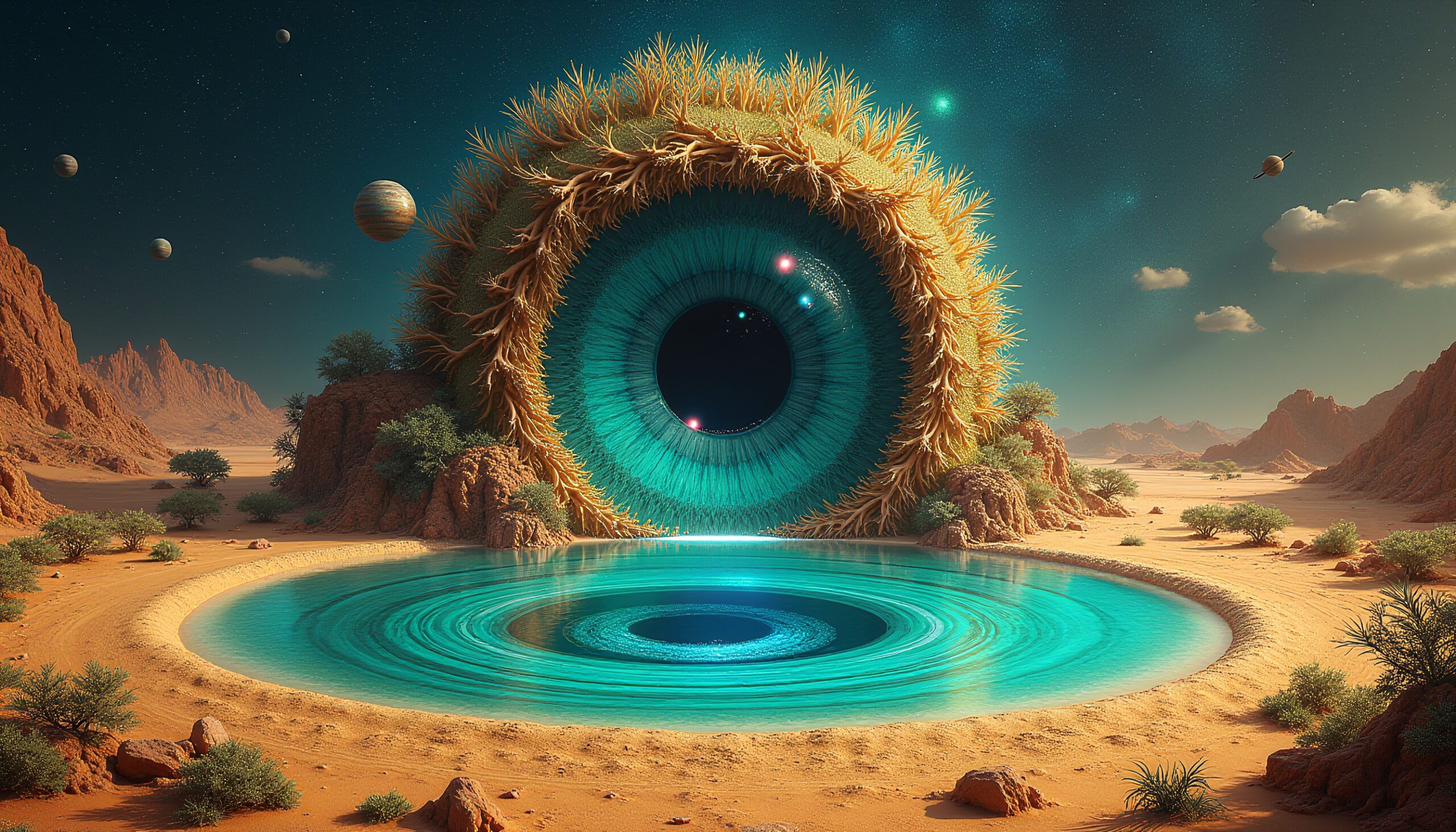 Surreal desert scene with cosmic eye.