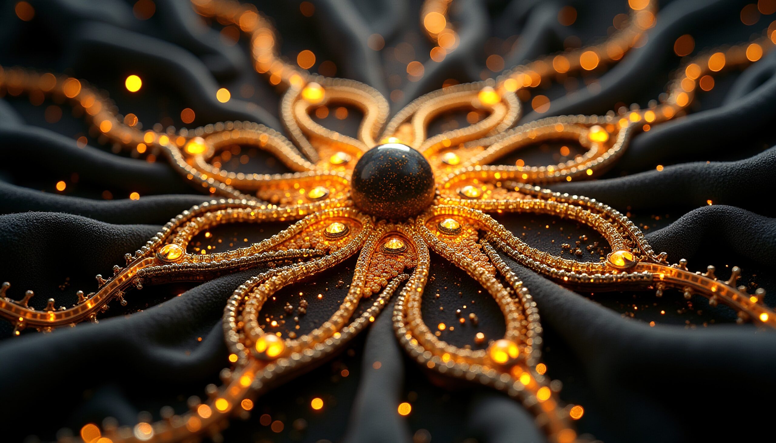 Intricate gold pattern with central sphere on dark fabric.