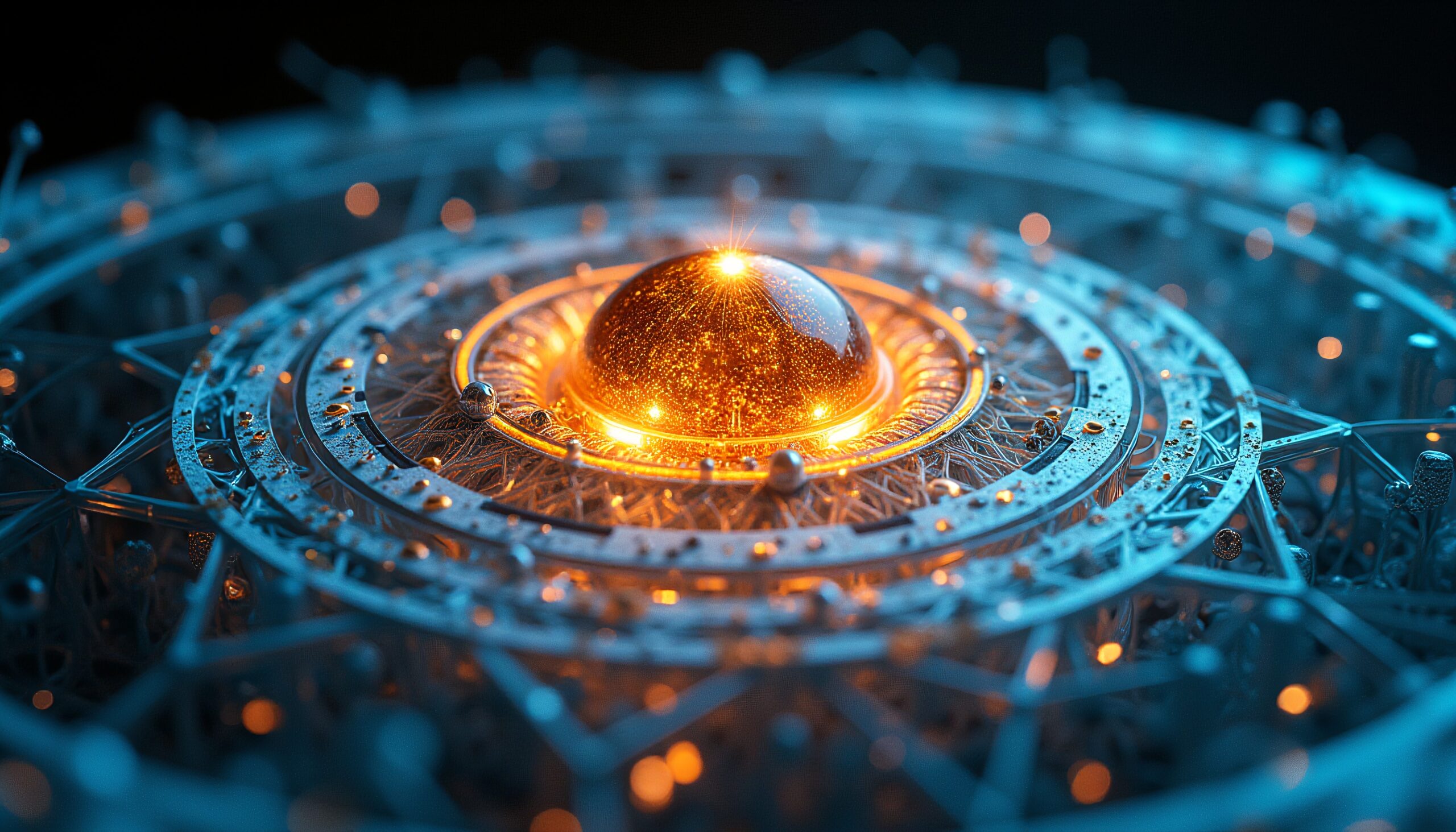 A glowing golden sphere amidst intricate mechanical rings, evoking a futuristic celestial device.