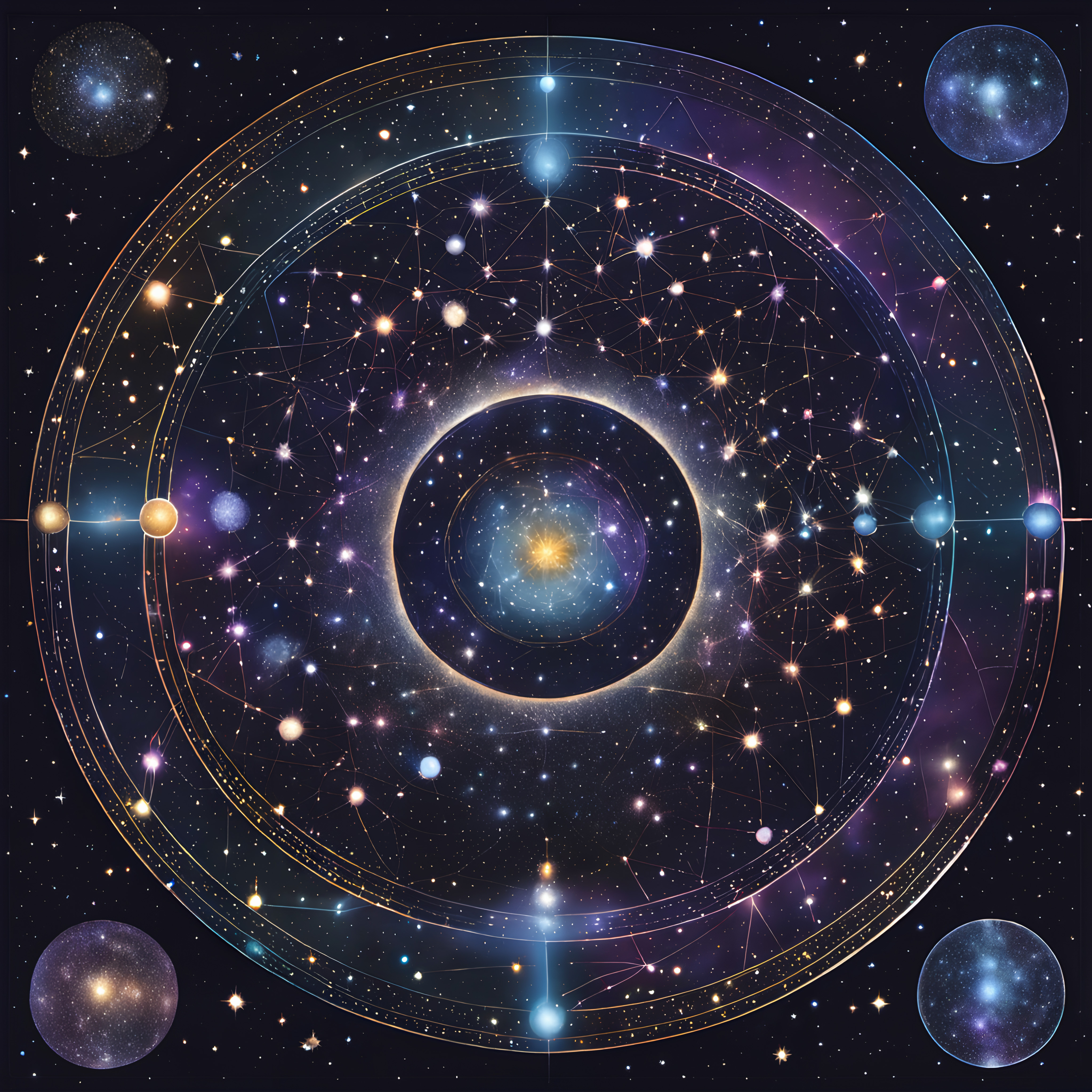 A vibrant cosmic pattern with interconnected stars and celestial orbs against a dark space background.