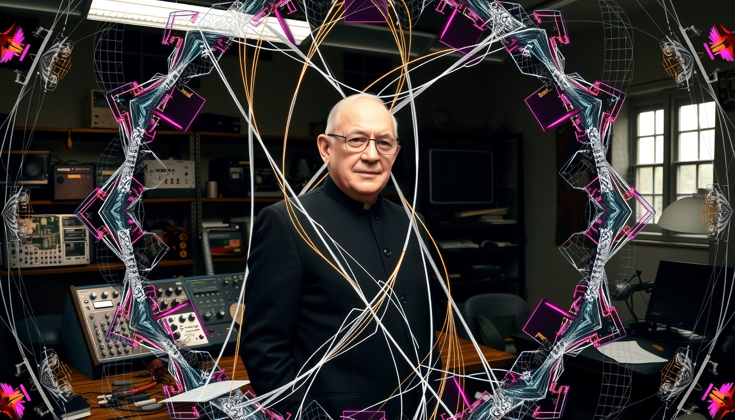 A man in a laboratory surrounded by electronic equipment and geometric neon designs.