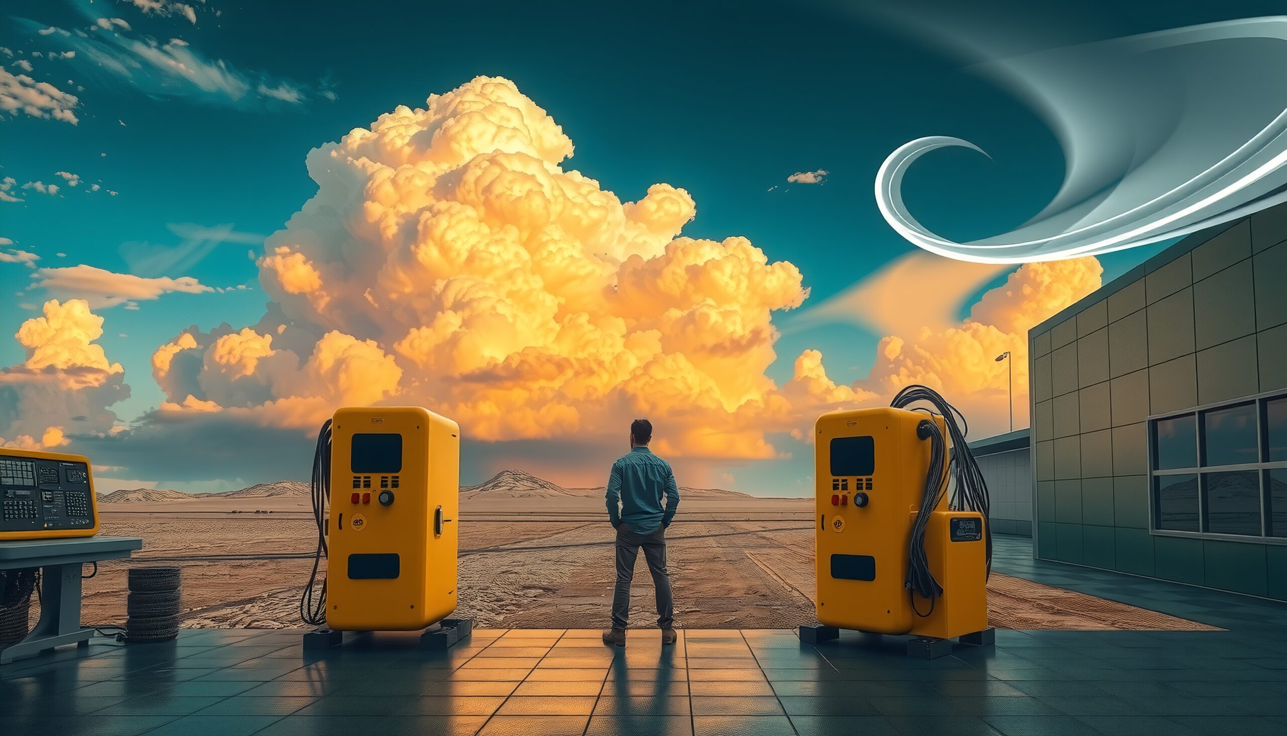 A lone man stands between two yellow machines, gazing at a vibrant sunset over a vast desert and dramatic clouds.