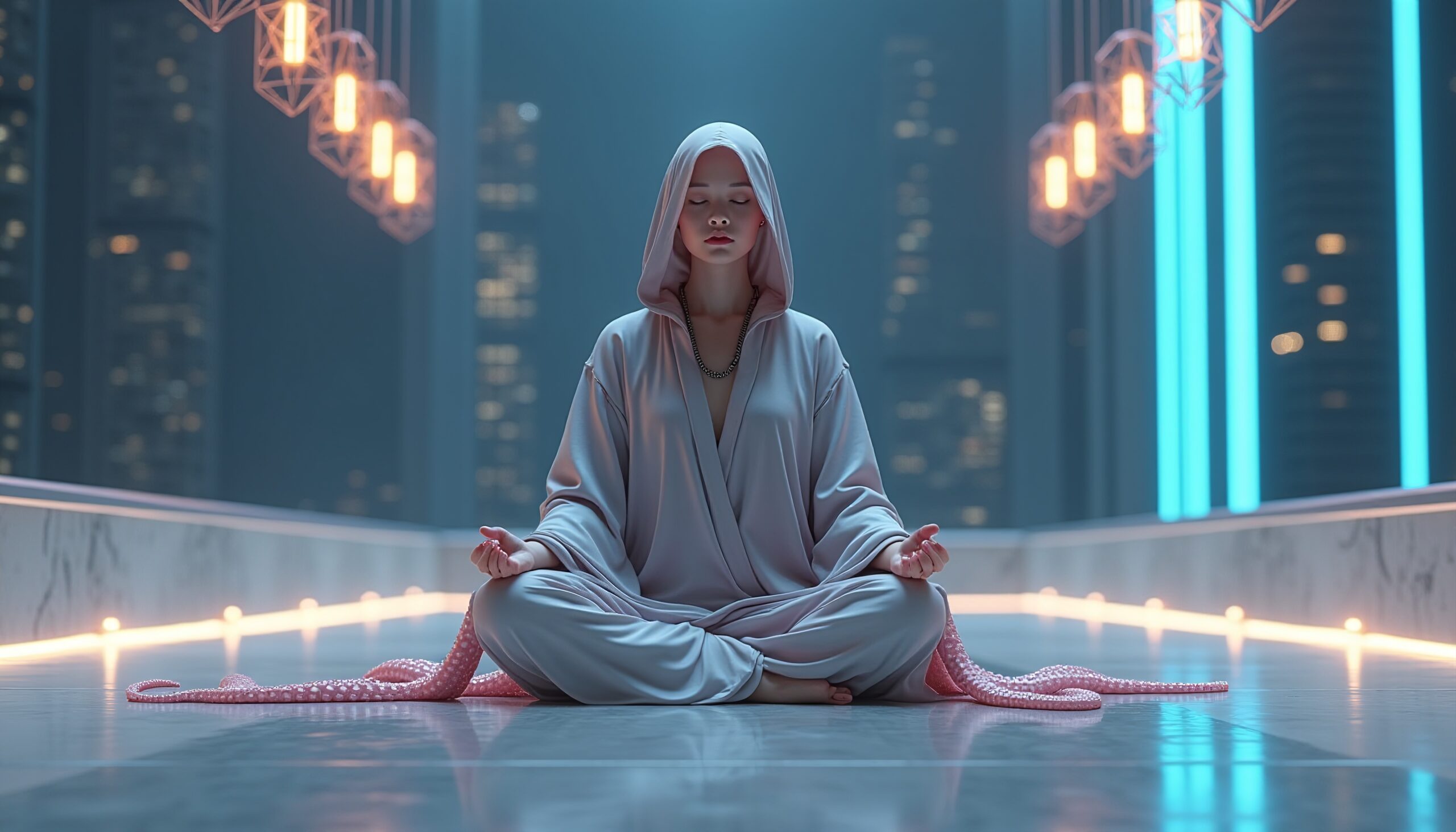 A woman meditating in a futuristic room with neon lights and city view, wearing a hooded robe, exuding tranquility and mystery.