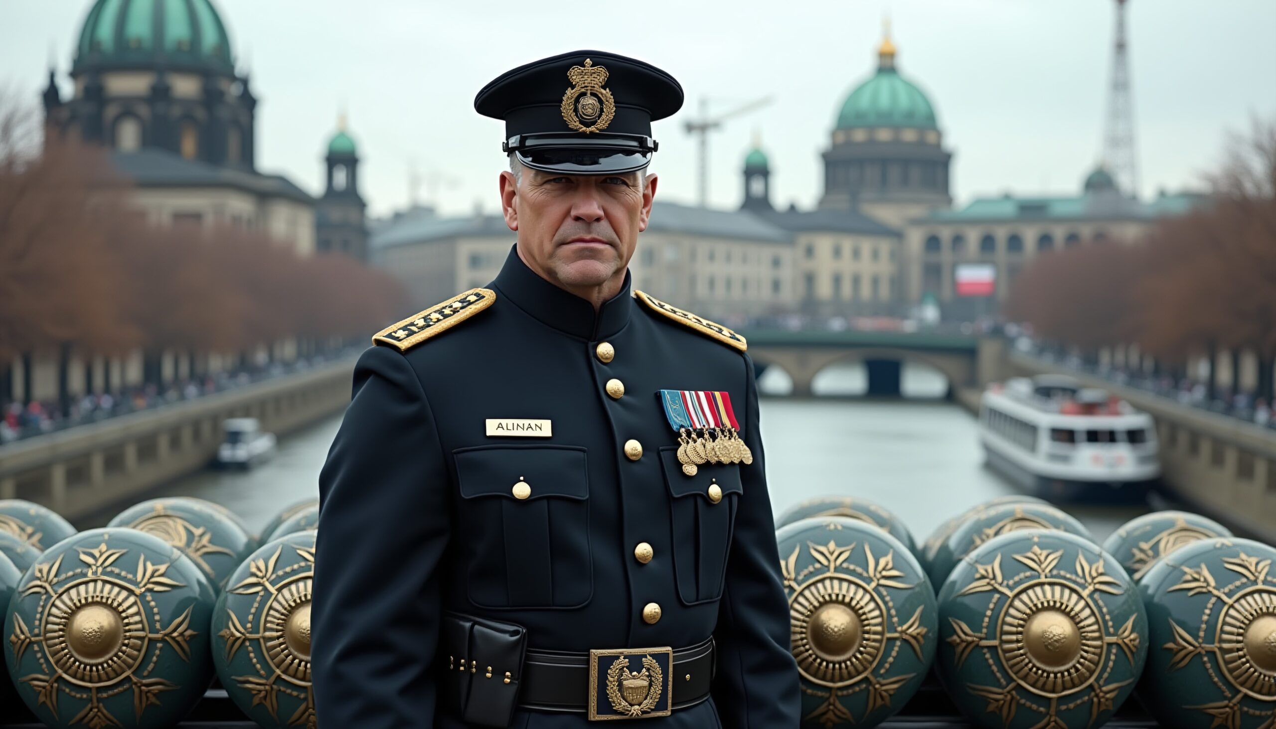 Portrait of a military officer standing on a bridge with a historic cityscape in the background.