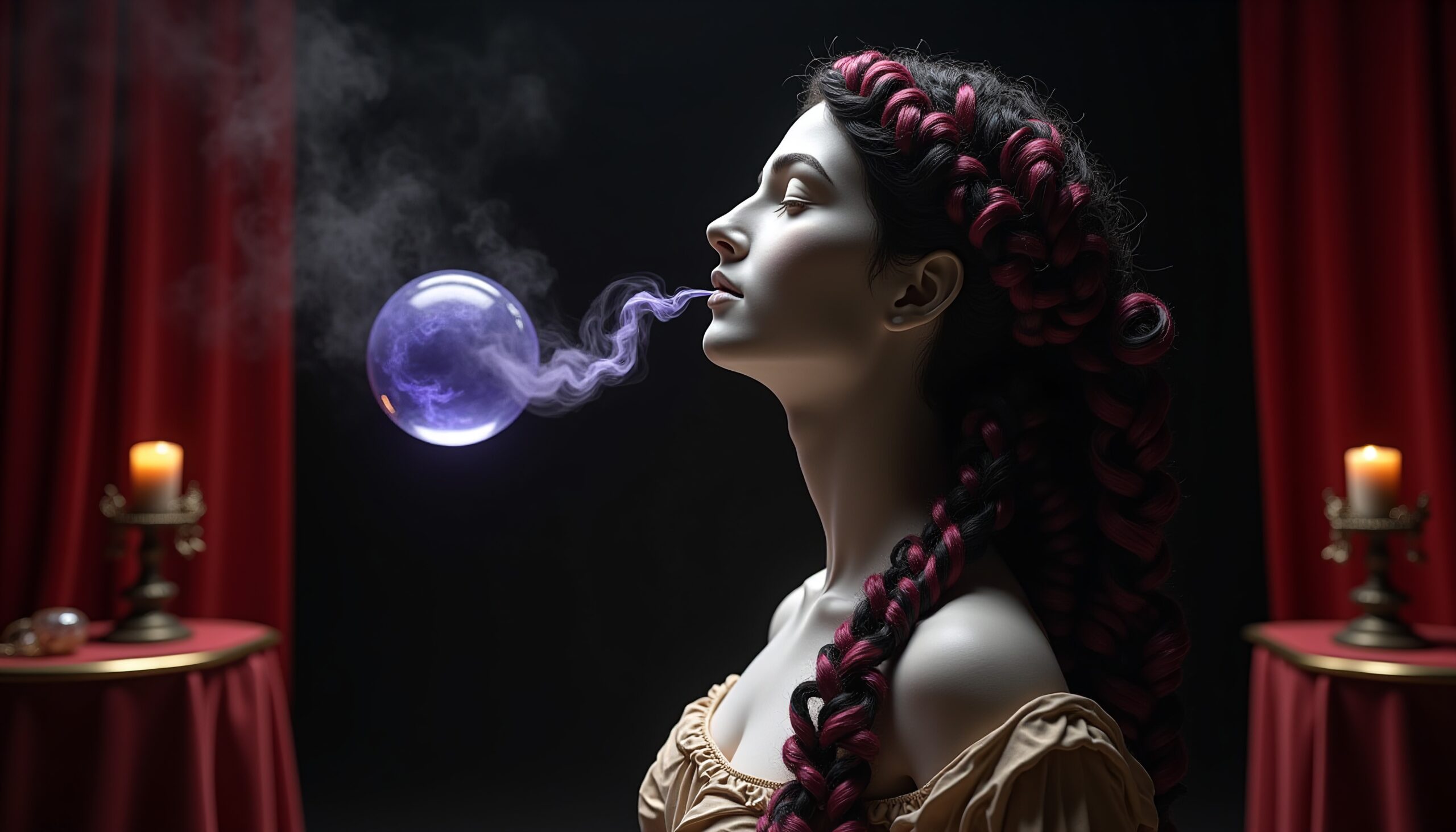 A woman blows a swirling purple bubble, framed by red curtains and candlelight, creating a mystical aura.