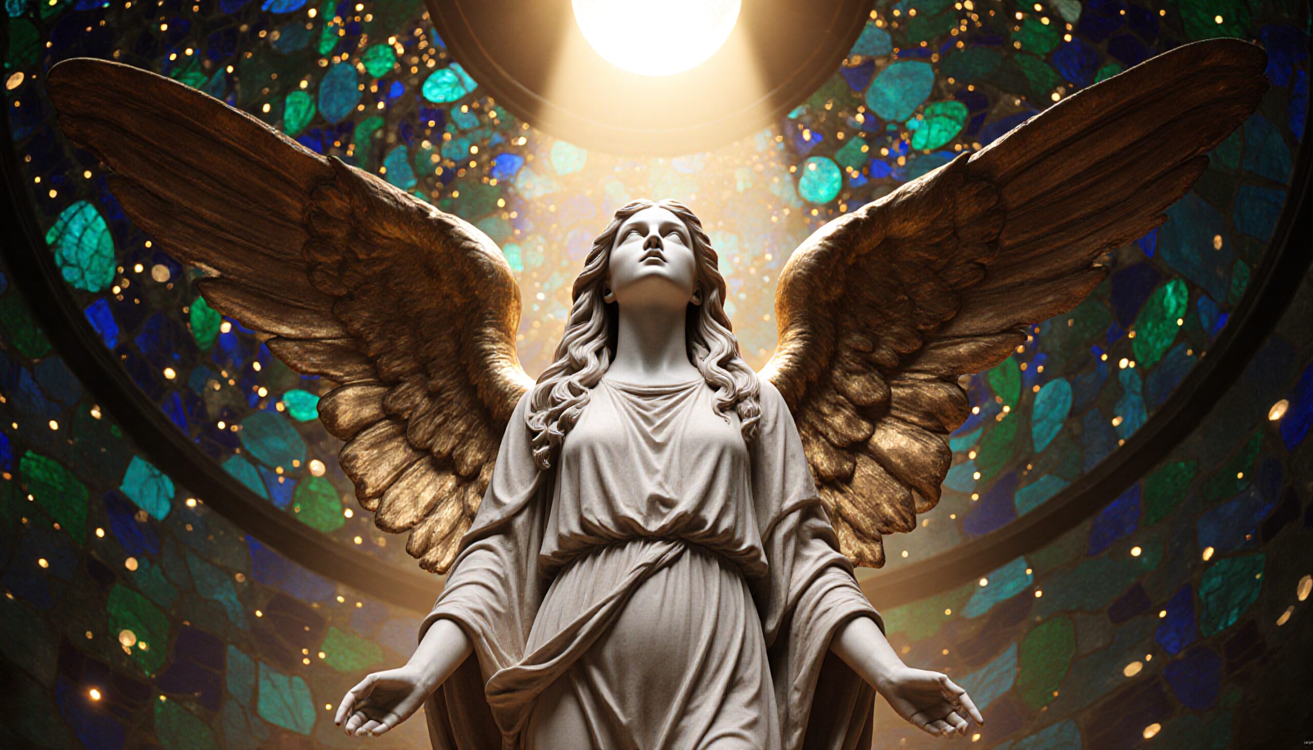 Statue of an angel with expansive wings, illuminated by stained glass.