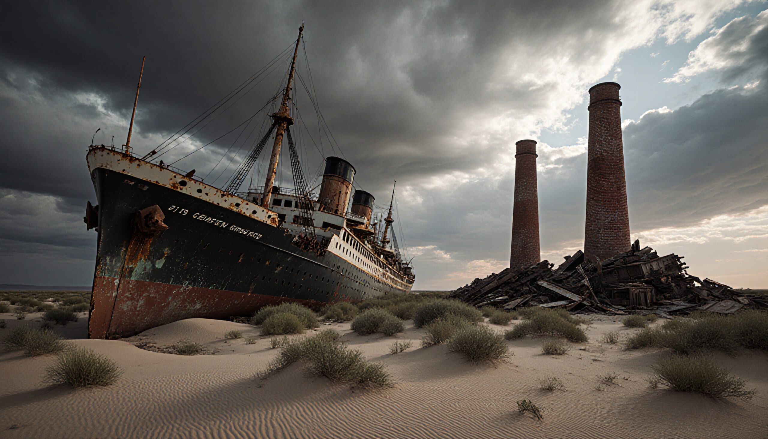A rusted ship, stranded on sand, overlooked by tall chimneys under a dramatic sky.