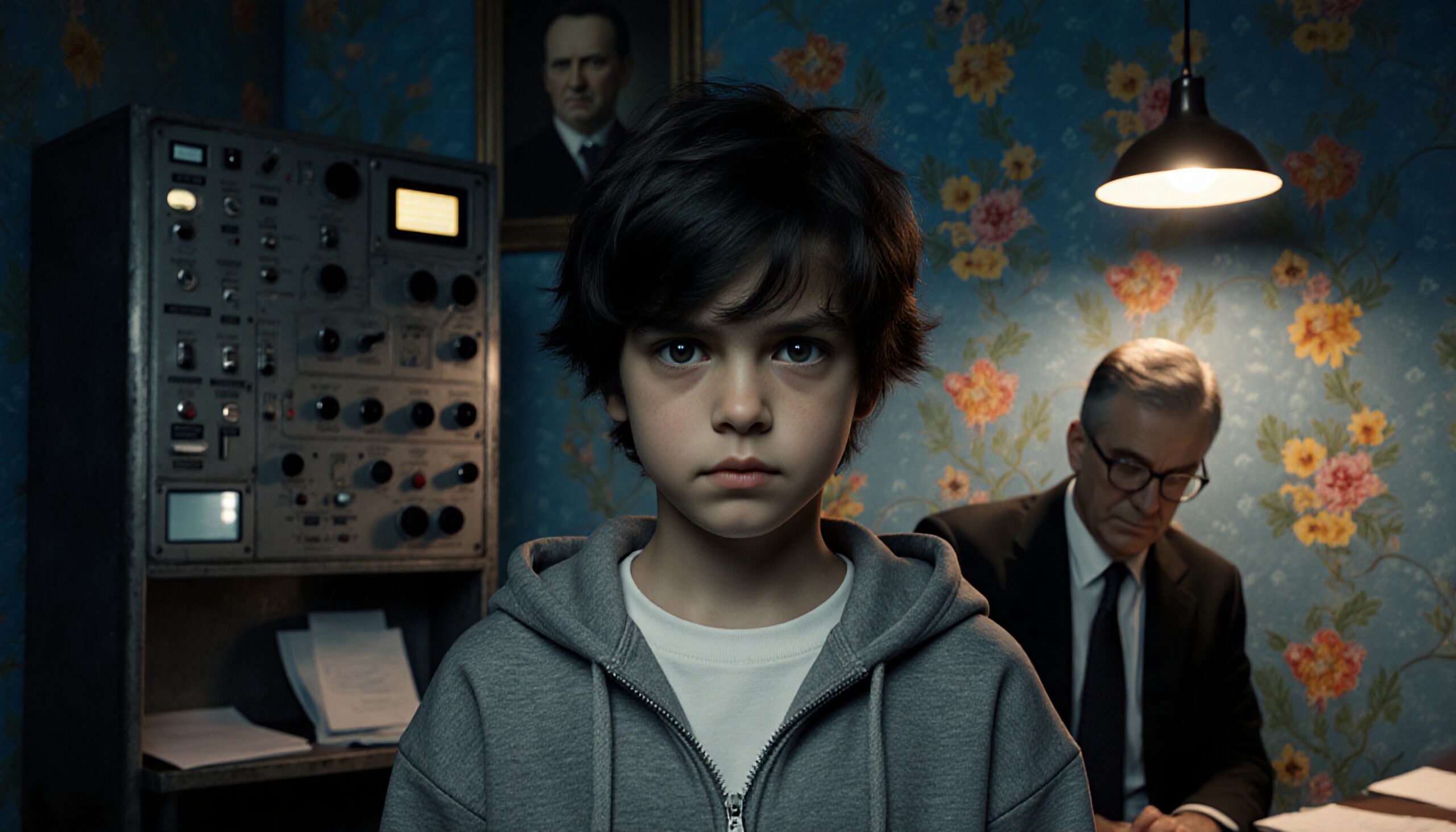 A serious young boy stands in a vintage room with a floral wallpaper and an older man in the background.