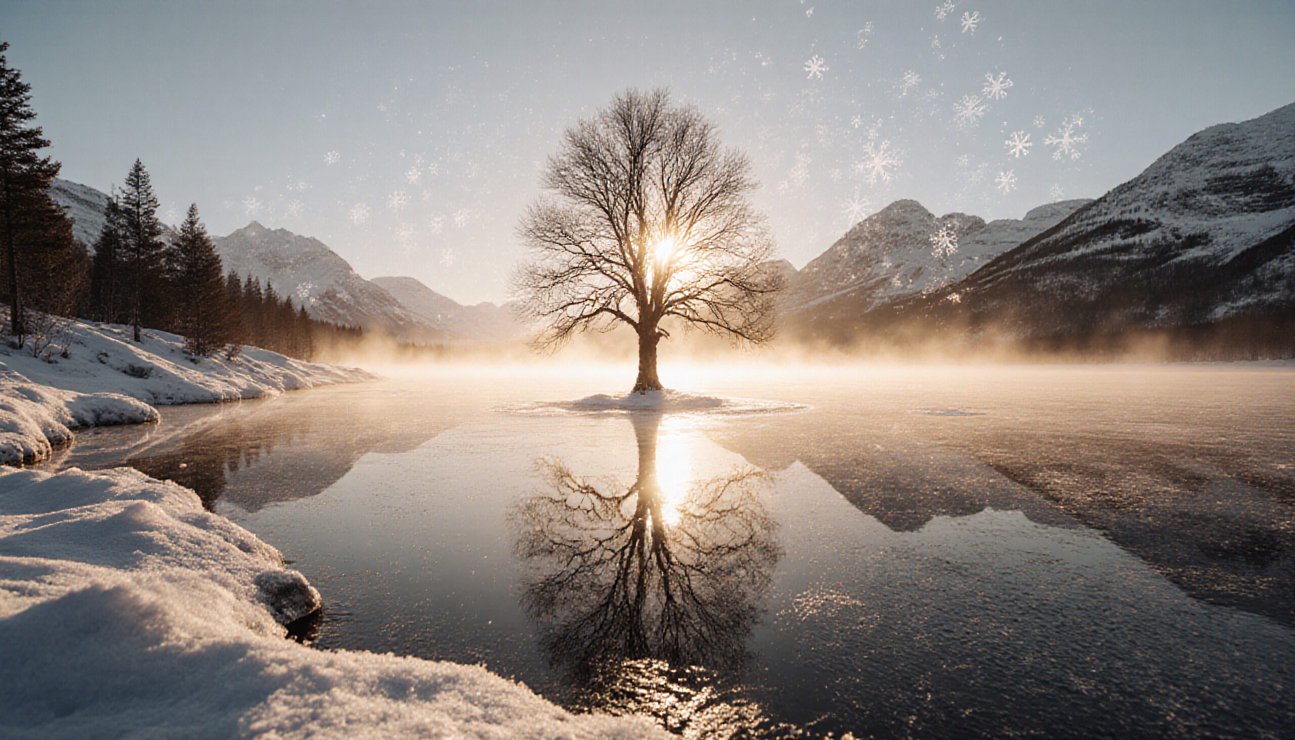 Solitary tree on frozen lake reflecting sunlight, surrounded by snowy mountains and gentle mist.