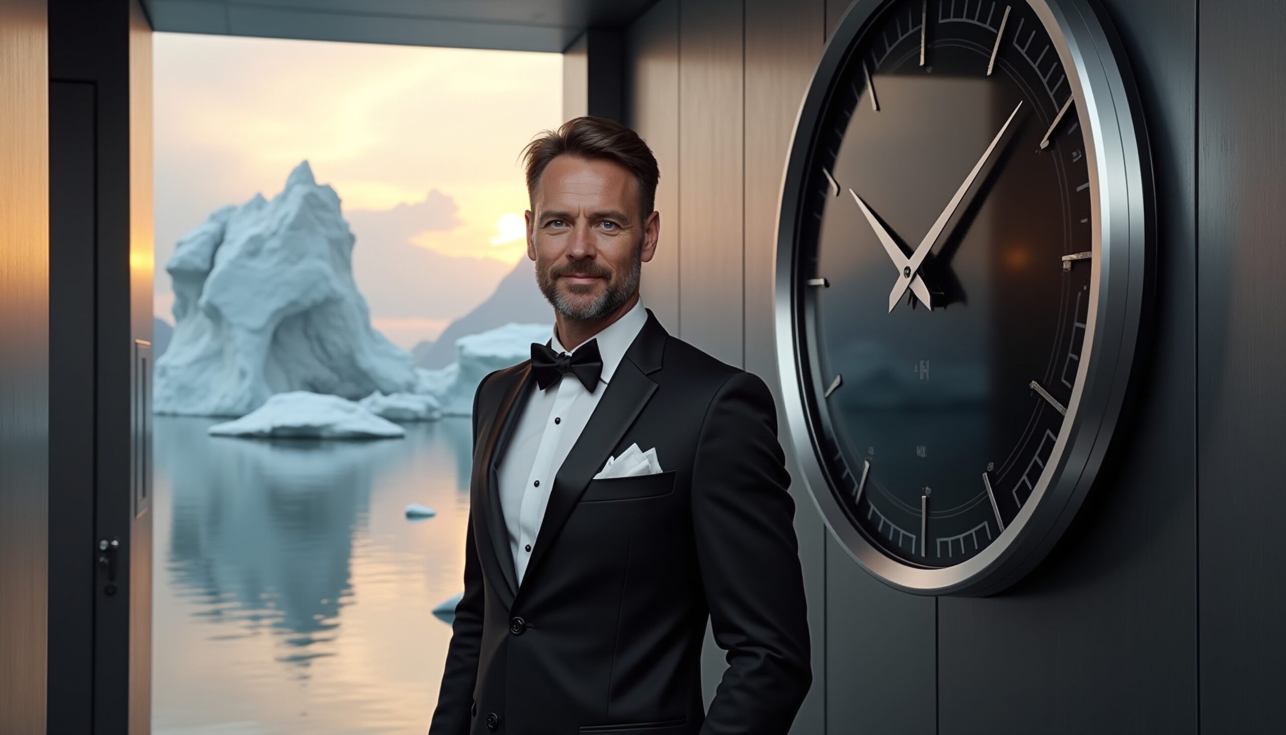A sophisticated man in a tuxedo stands by a large clock, with icebergs illuminated by sunset visible through an open doorway.