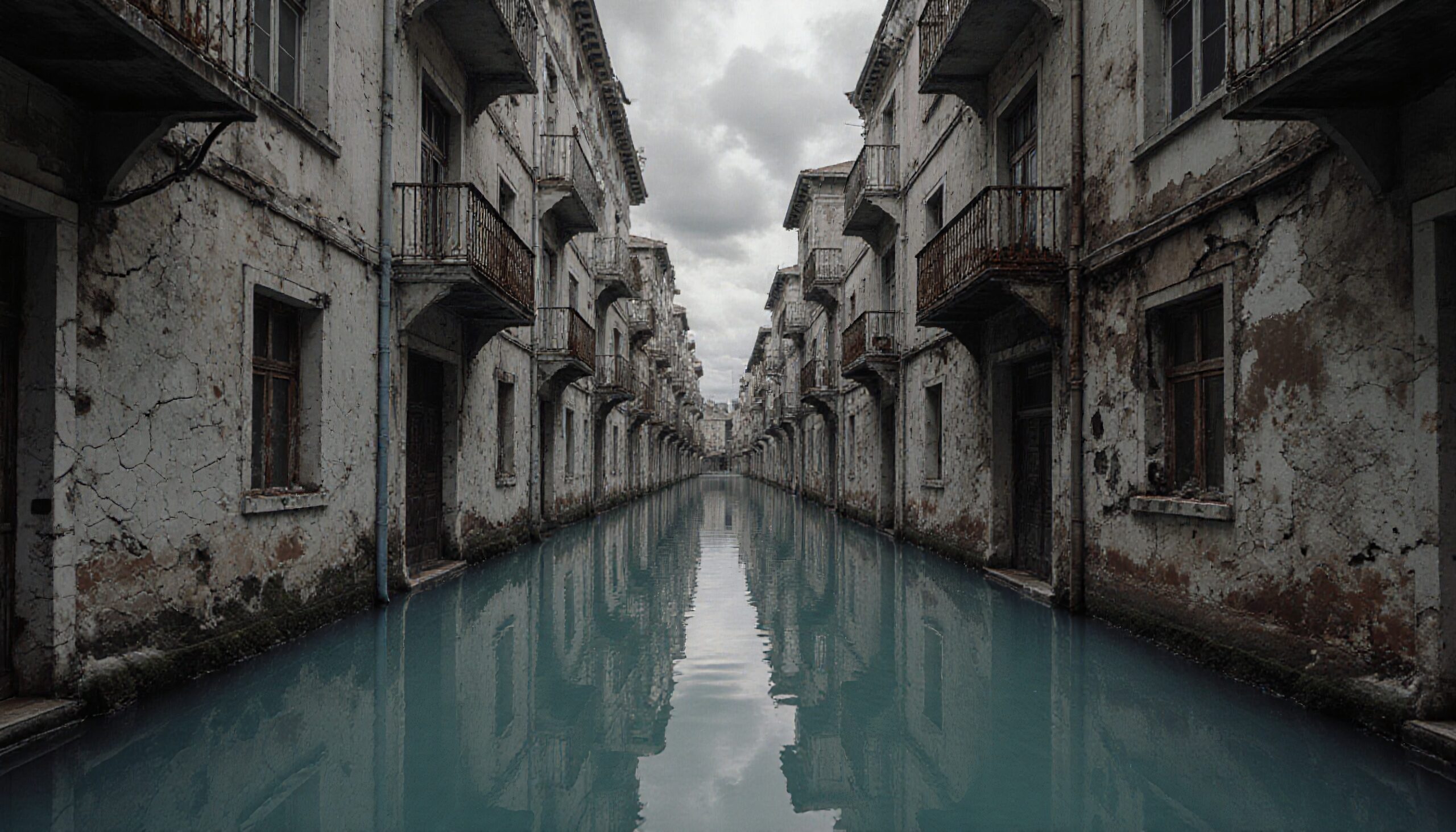 Narrow canal flanked by weathered buildings in a moody, reflective urban scene.