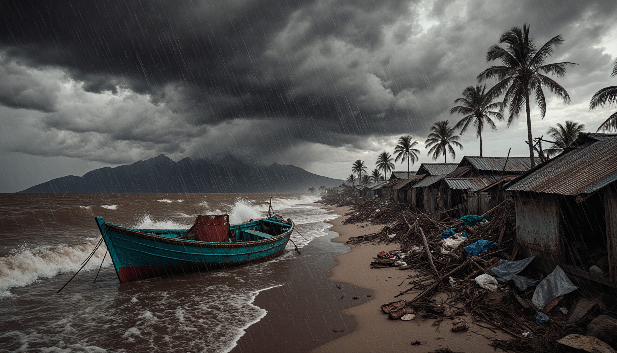 A small fishing boat on a stormy coast with dark clouds and rain in a rustic village.