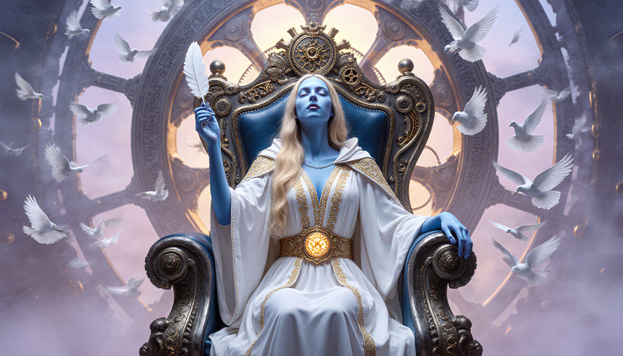 A blue-skinned figure on a grand throne surrounded by doves in an ethereal, mystical setting.