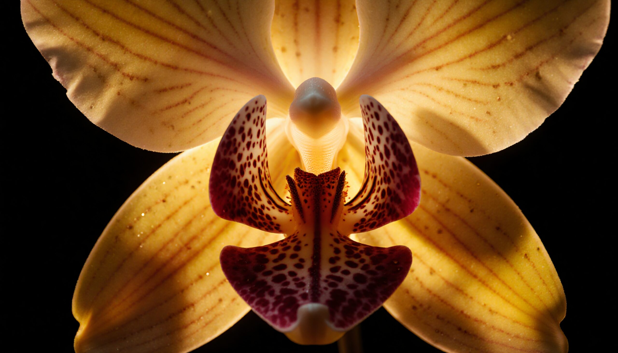 A close-up of a vibrant orchid with intricately patterned petals against a dark background.