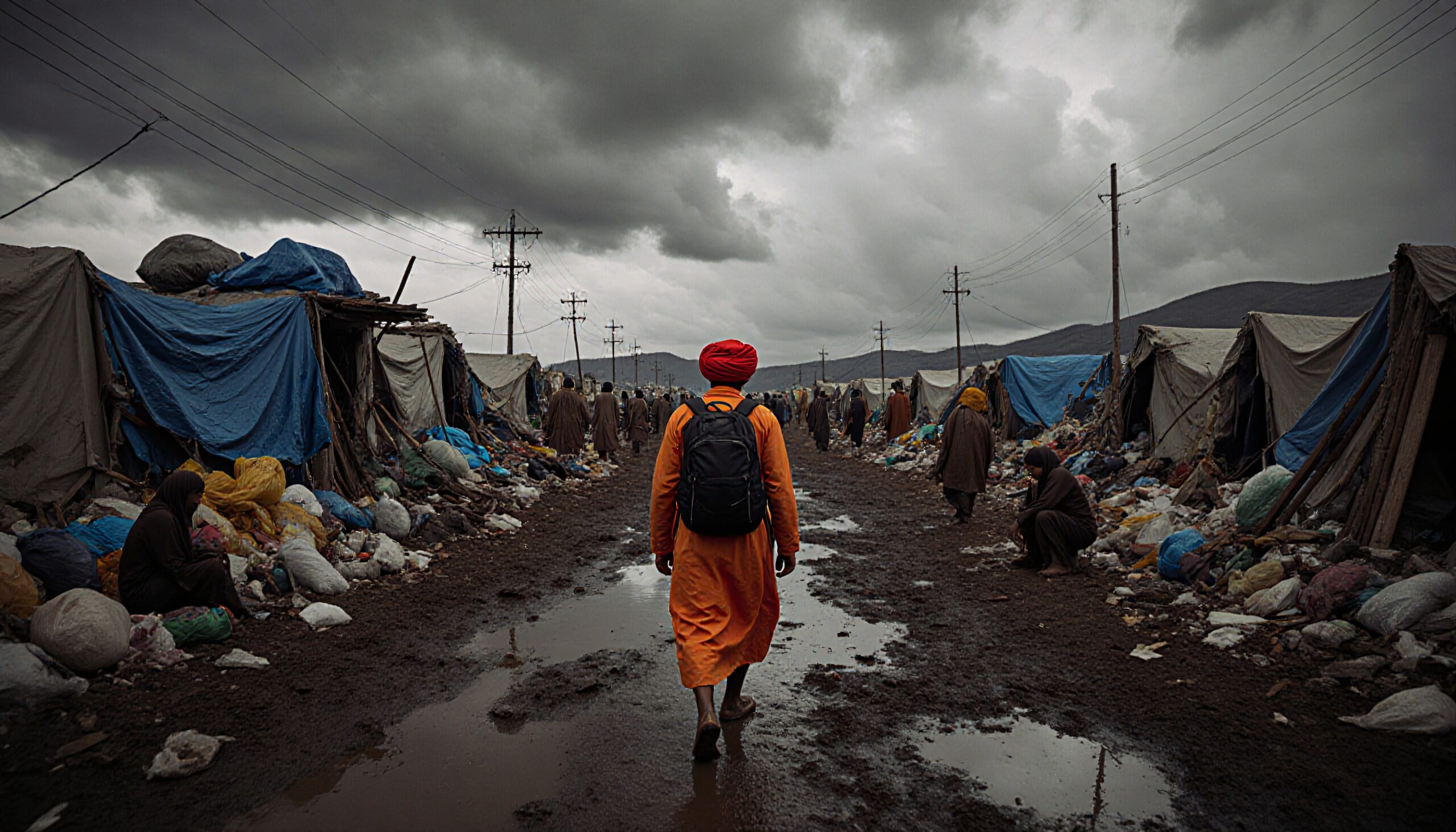 A person in an orange robe and turban walks through a muddy refugee camp path, under dark, stormy skies.