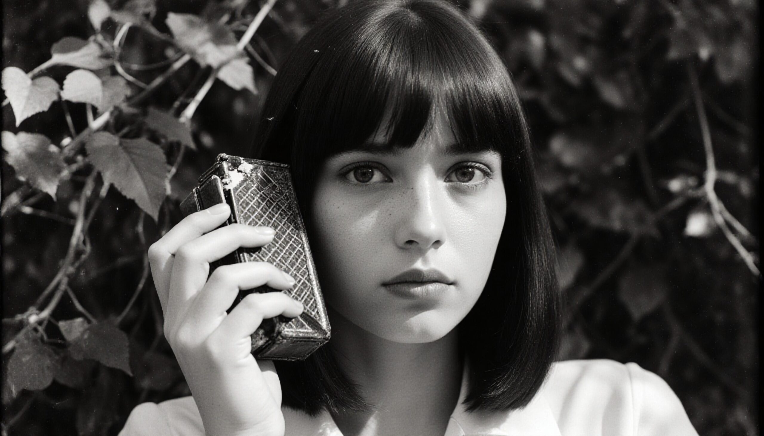 A black-and-white portrait of a woman holding an object against a background of ivy leaves.