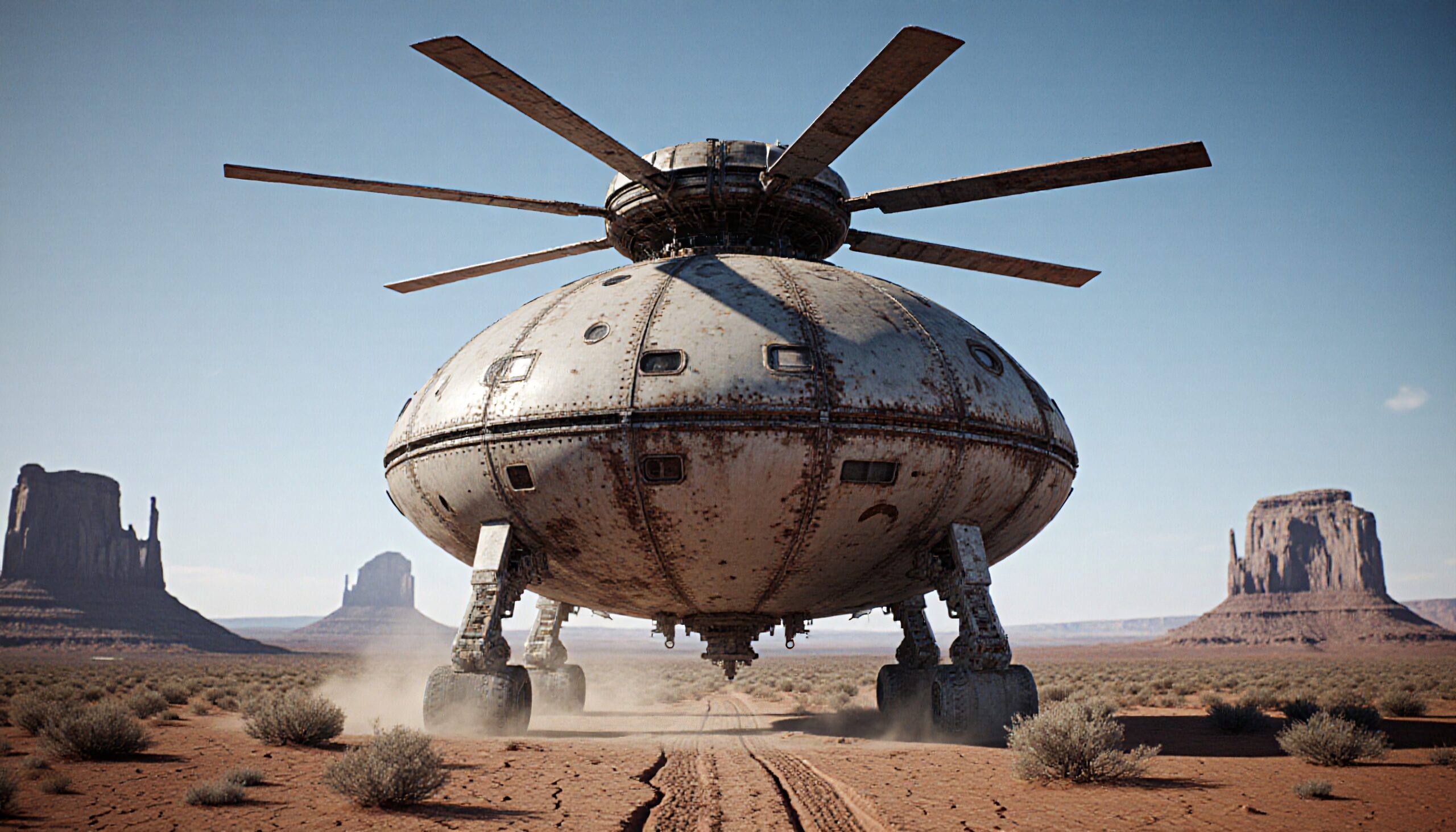 A spherical rusty spacecraft with rotor blades in a desert landscape.