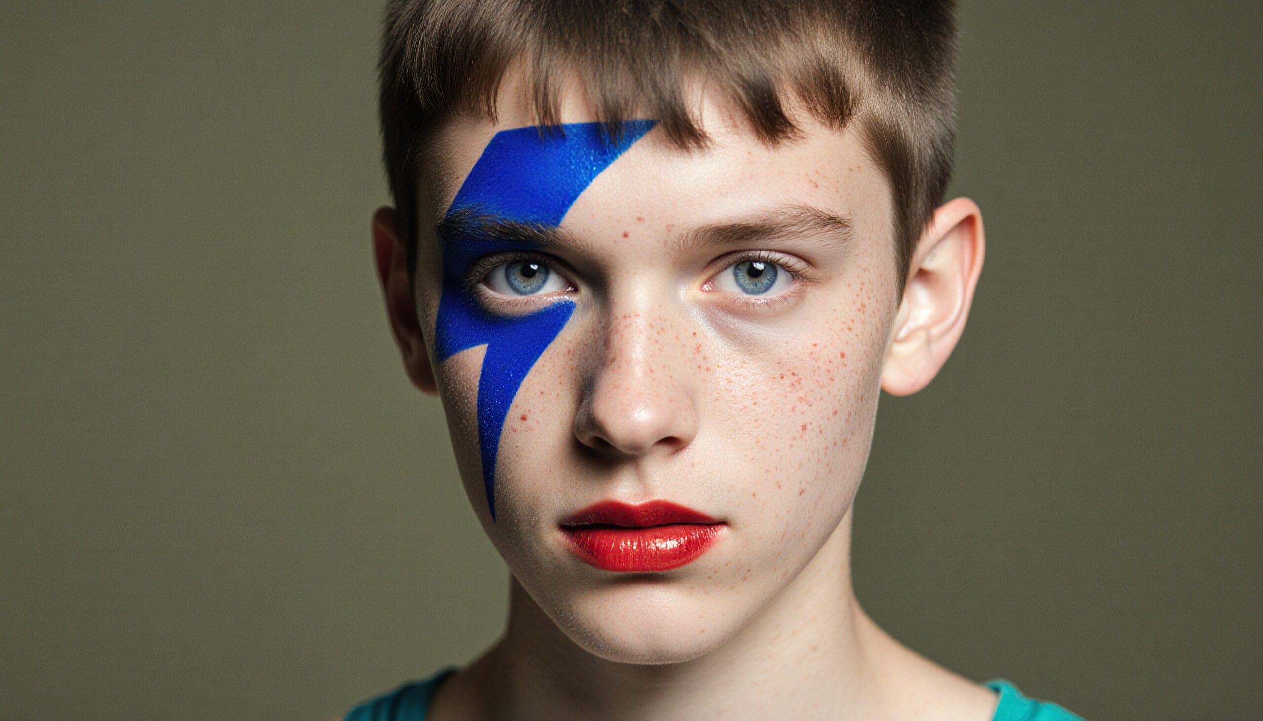 A young person with bold makeup featuring a blue lightning bolt and red lipstick exudes calm confidence in a striking portrait with a minimal background.