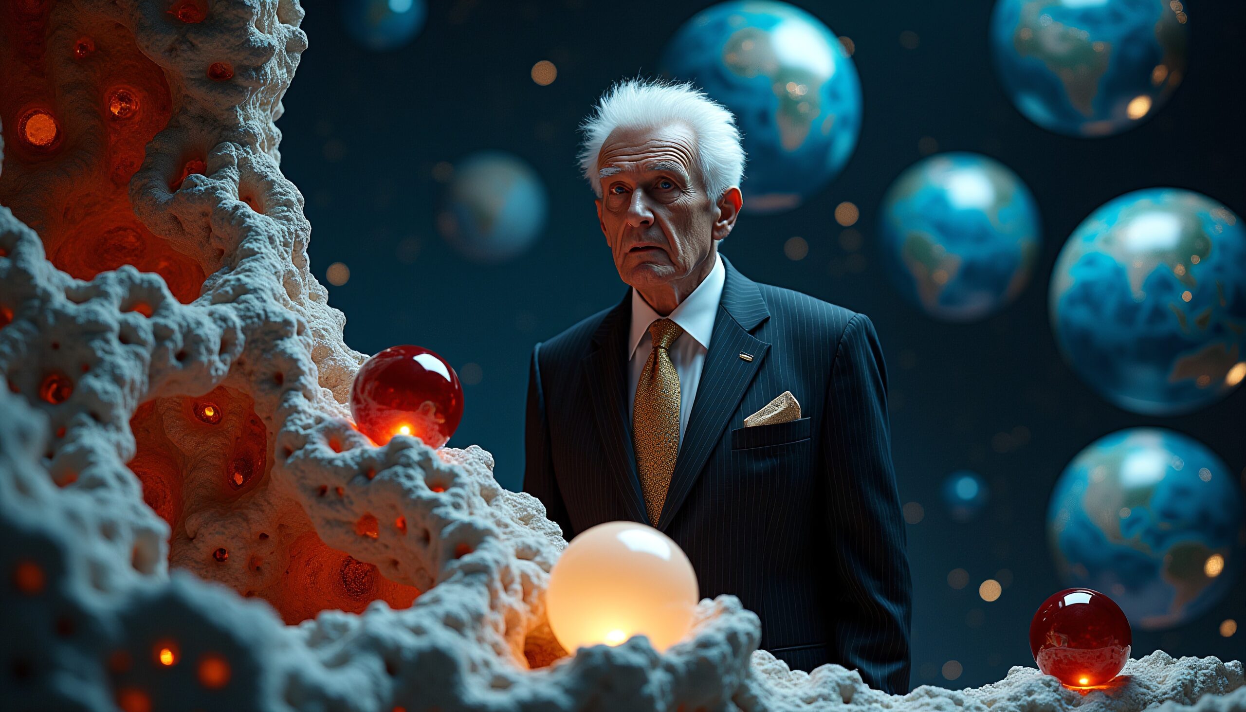 Elderly man in suit surrounded by floating planets in surreal cosmic setting.