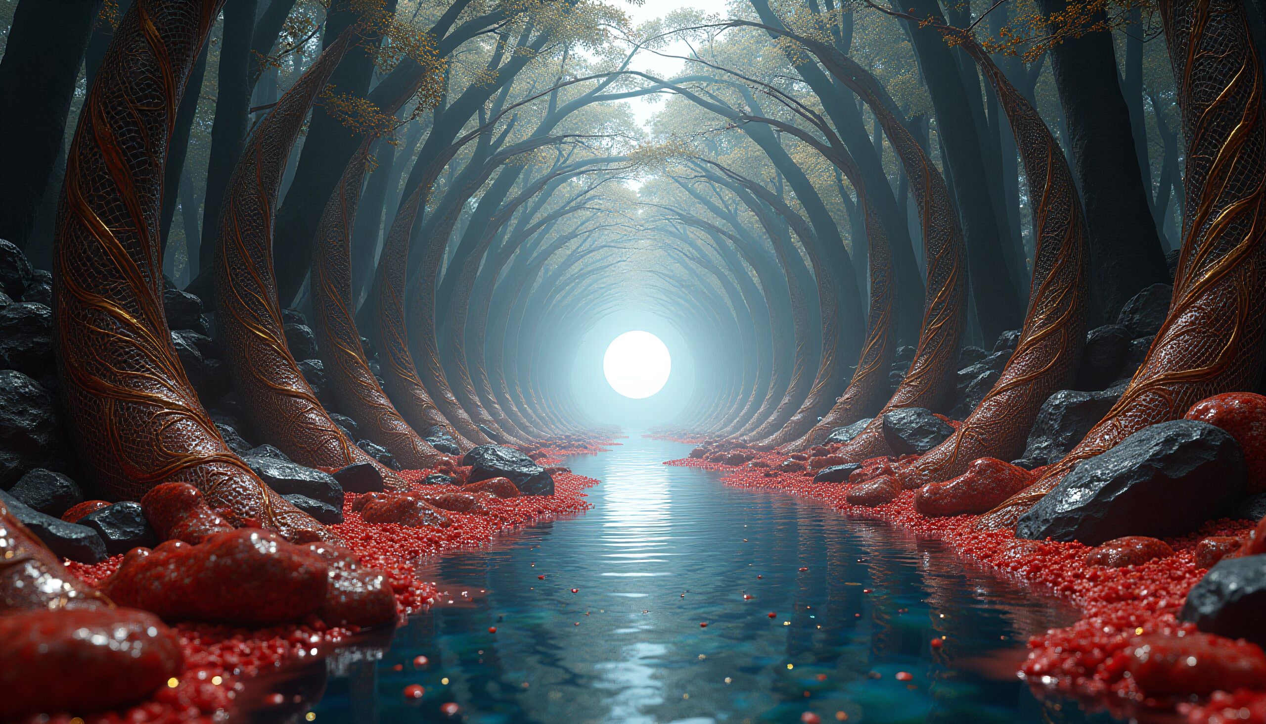 A mystical forest with winding trees and glowing light.