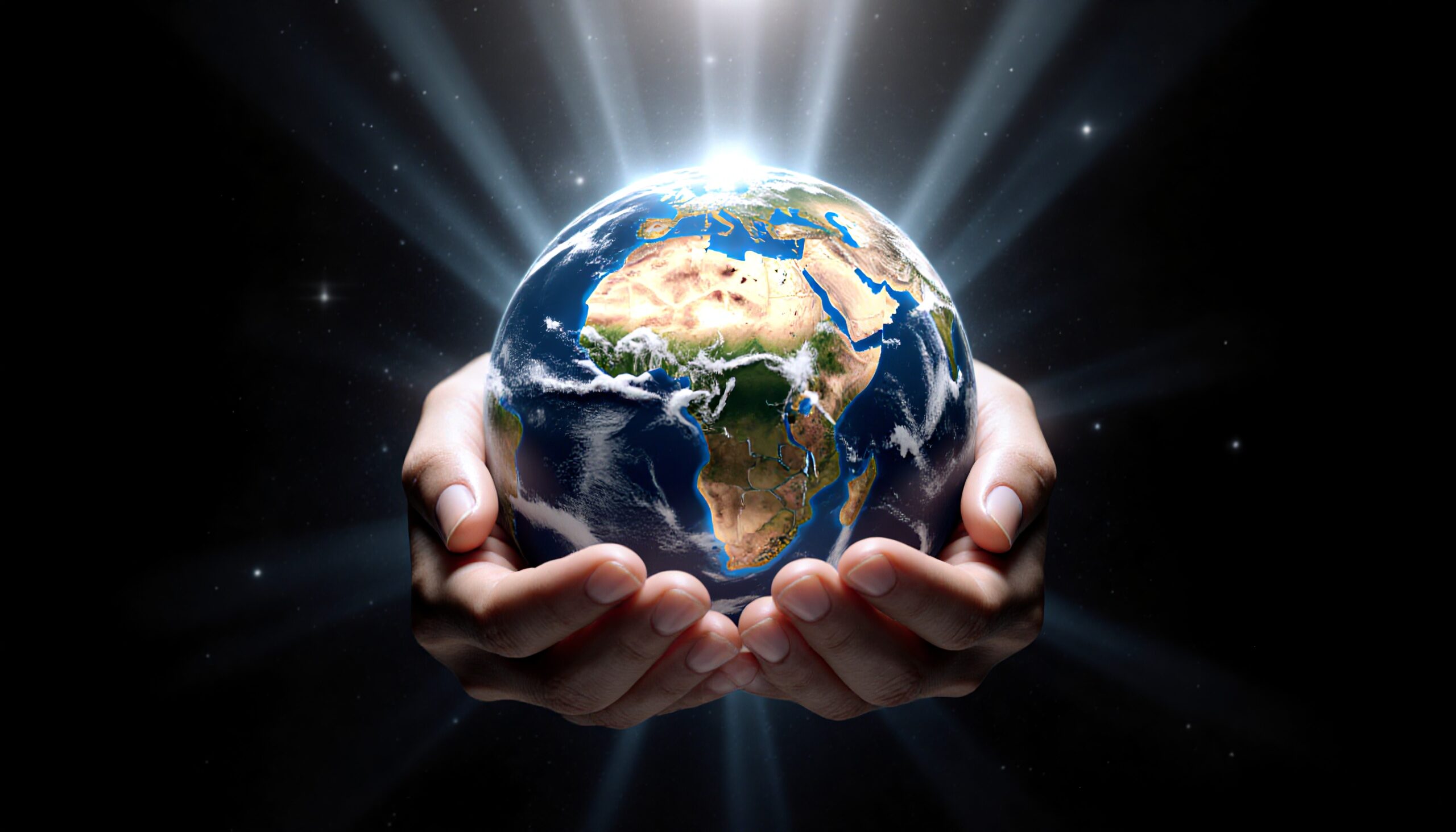 Hands cradling Earth, symbolizing global unity and responsibility in a dark cosmic setting.